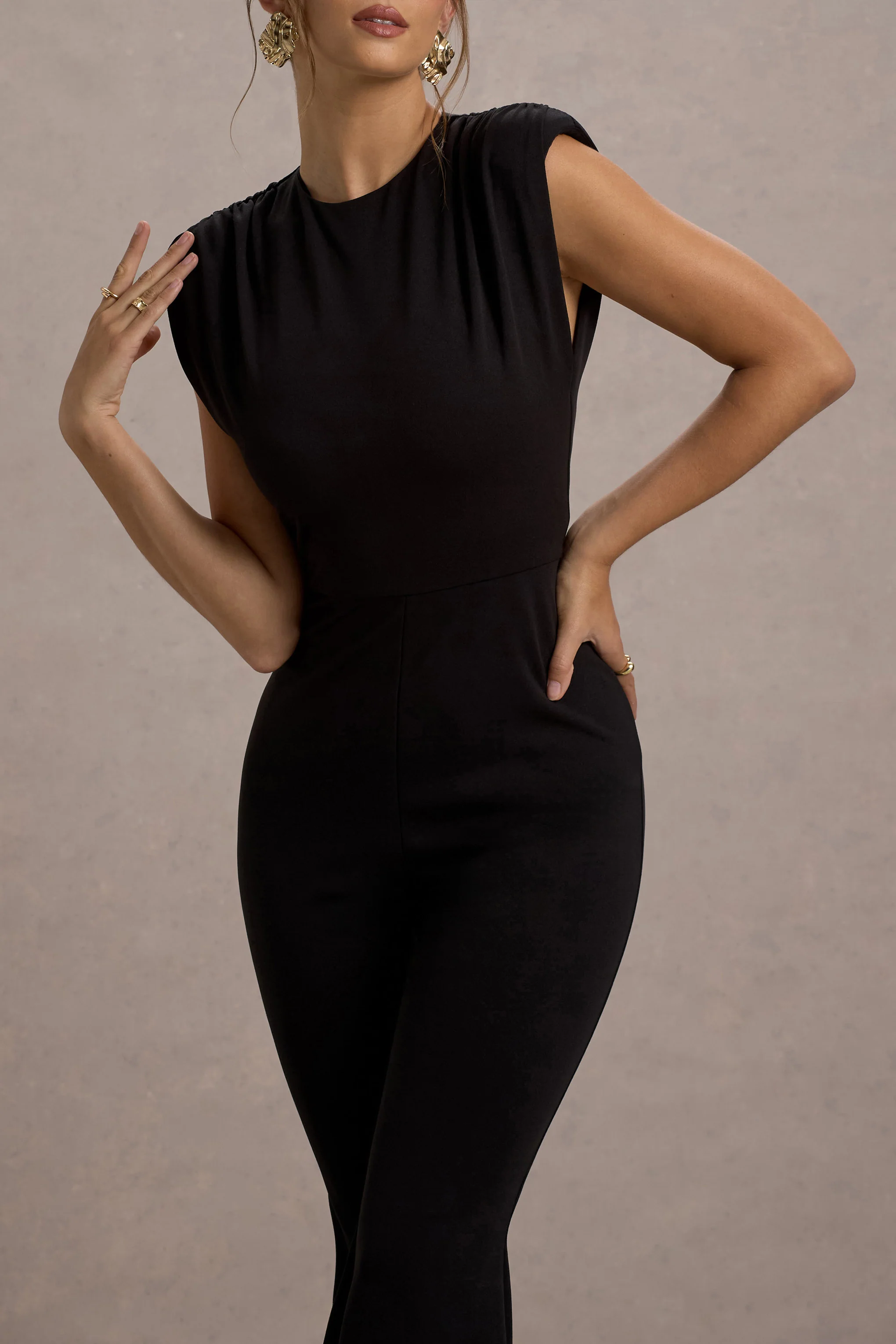 Elyna | Black High-Neck Draped Flared-Leg Jumpsuit - Image 3