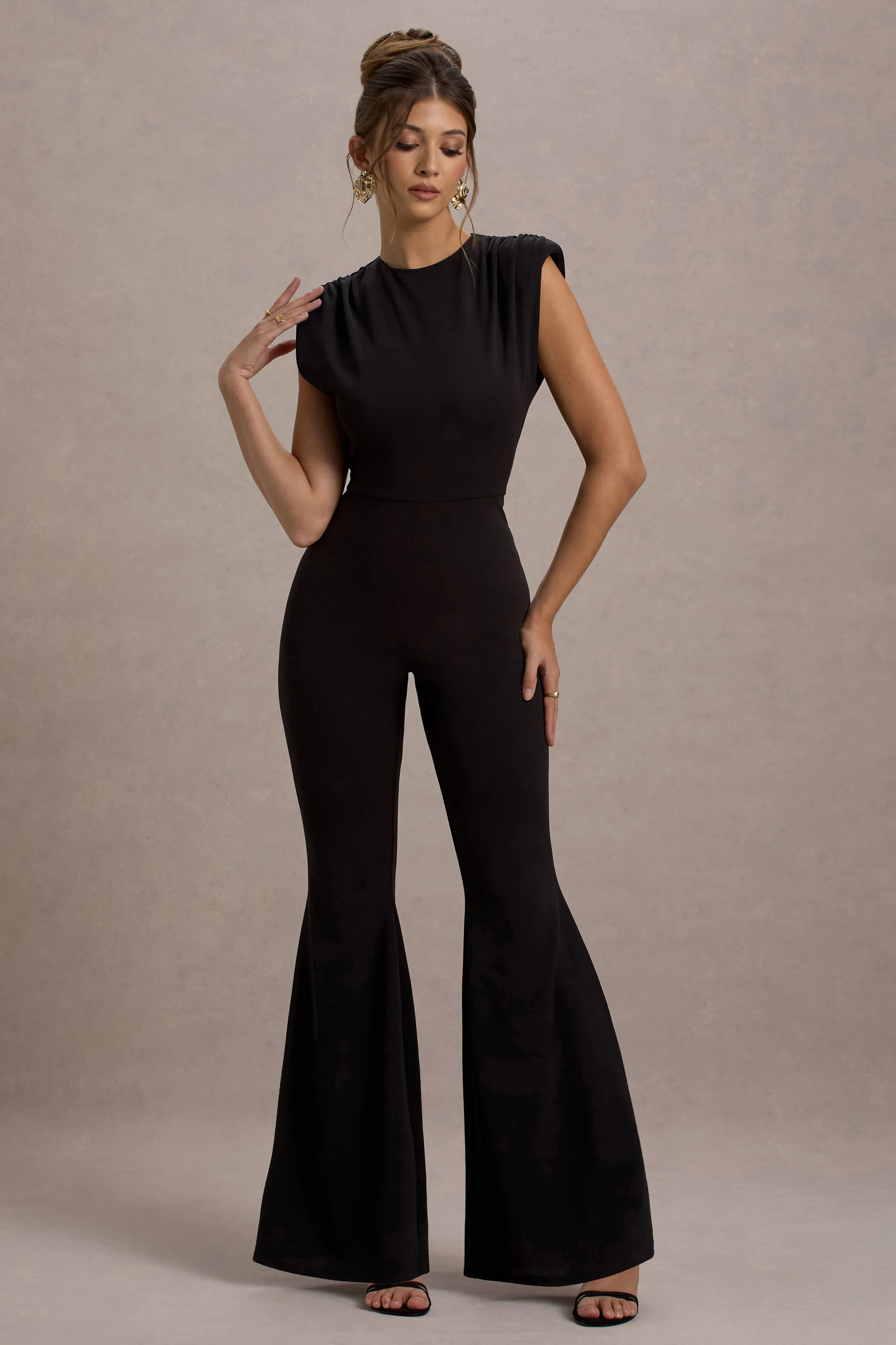 Elyna | Black High-Neck Draped Flared-Leg Jumpsuit - Image 4