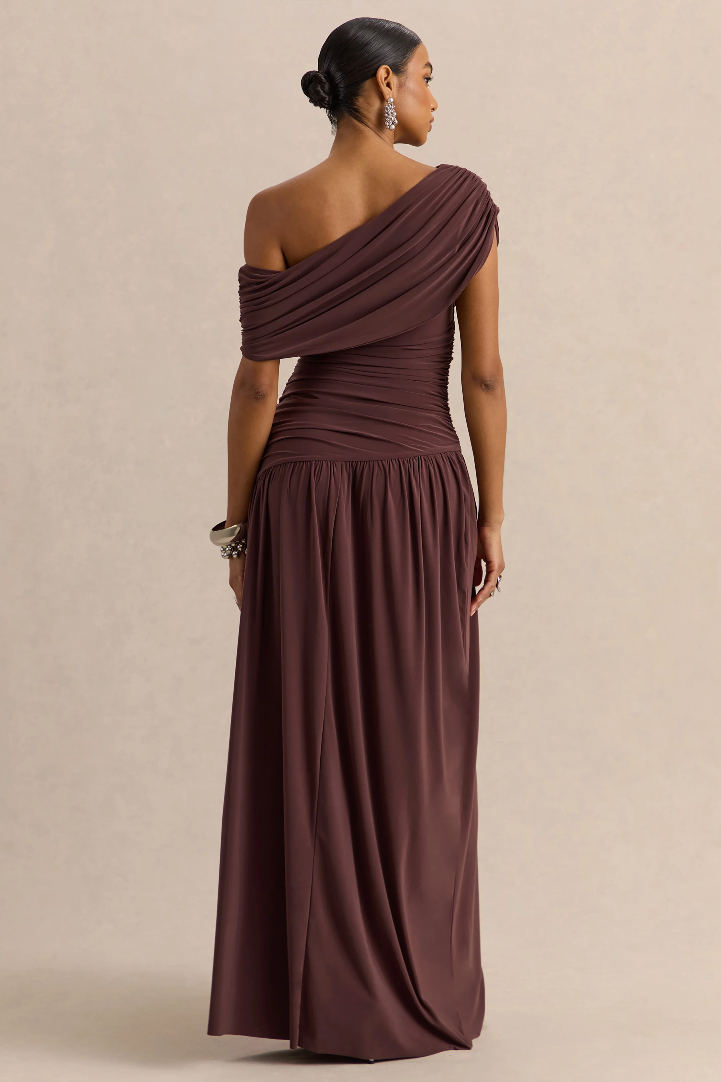 Emberly | Brown Draped Asymmetric-Neck Maxi Dress With Drop-Waist - Image 2