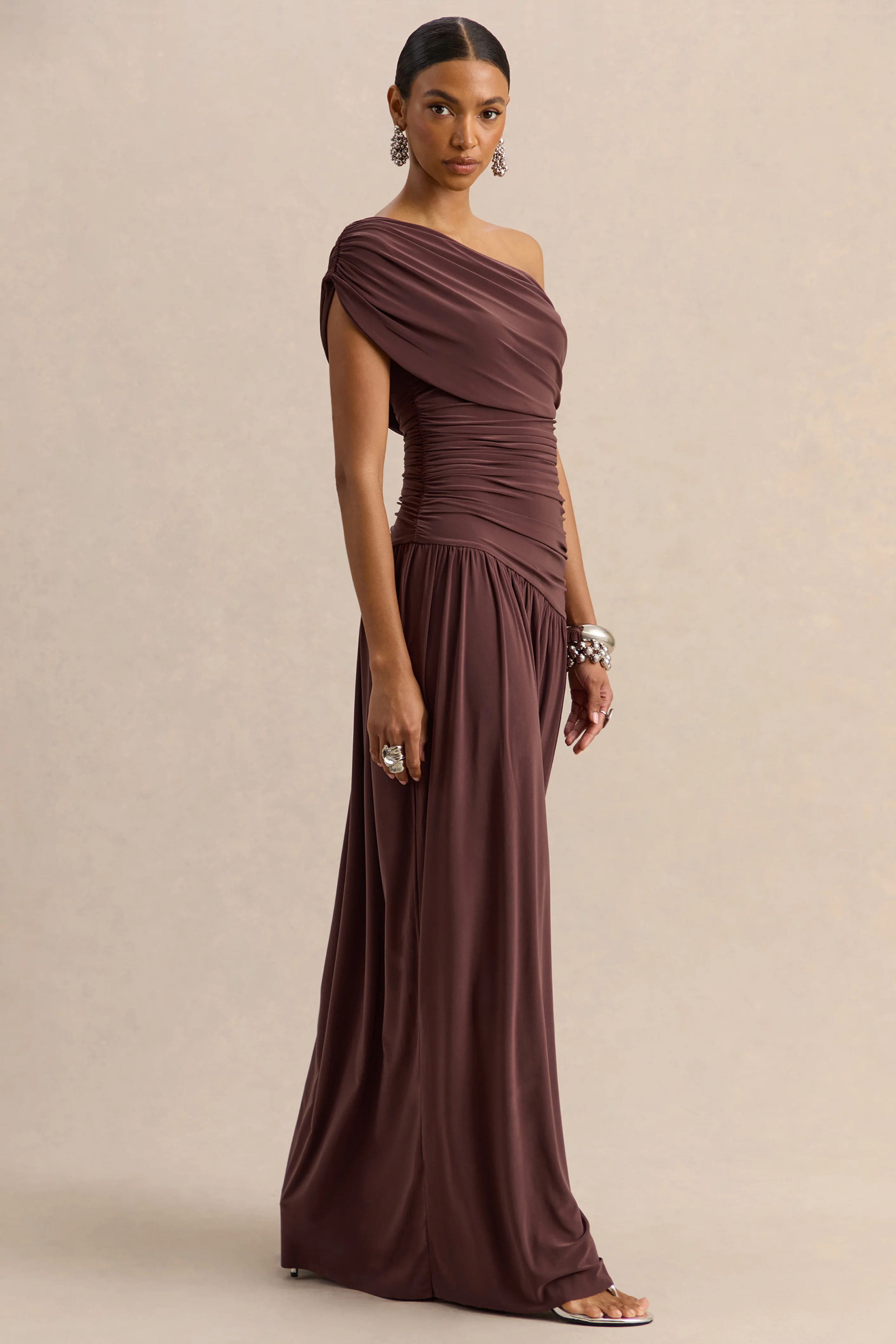 Emberly | Brown Draped Asymmetric-Neck Maxi Dress With Drop-Waist - Image 4