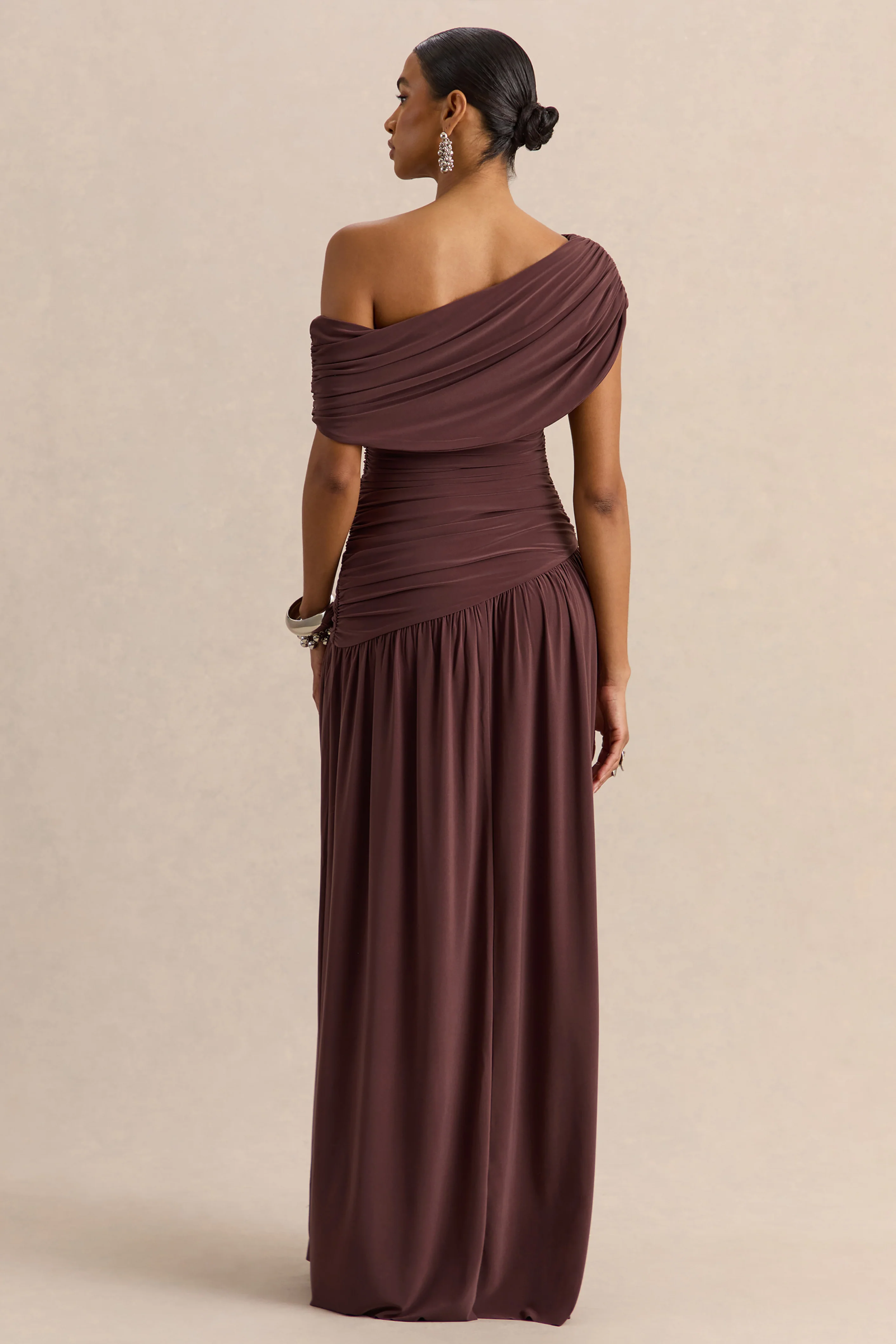 Emberly | Brown Draped Asymmetric-Neck Maxi Dress With Drop-Waist - Image 5