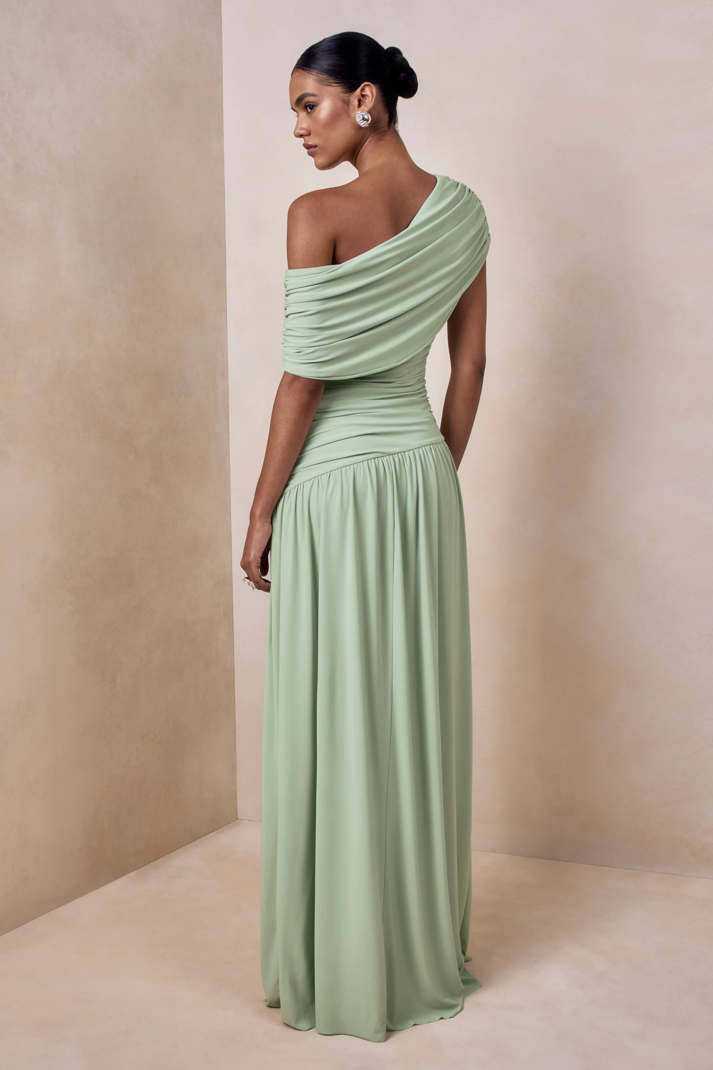 Emberly | Green Draped Asymmetric-Neck Maxi Dress With Drop-Waist - Image 2