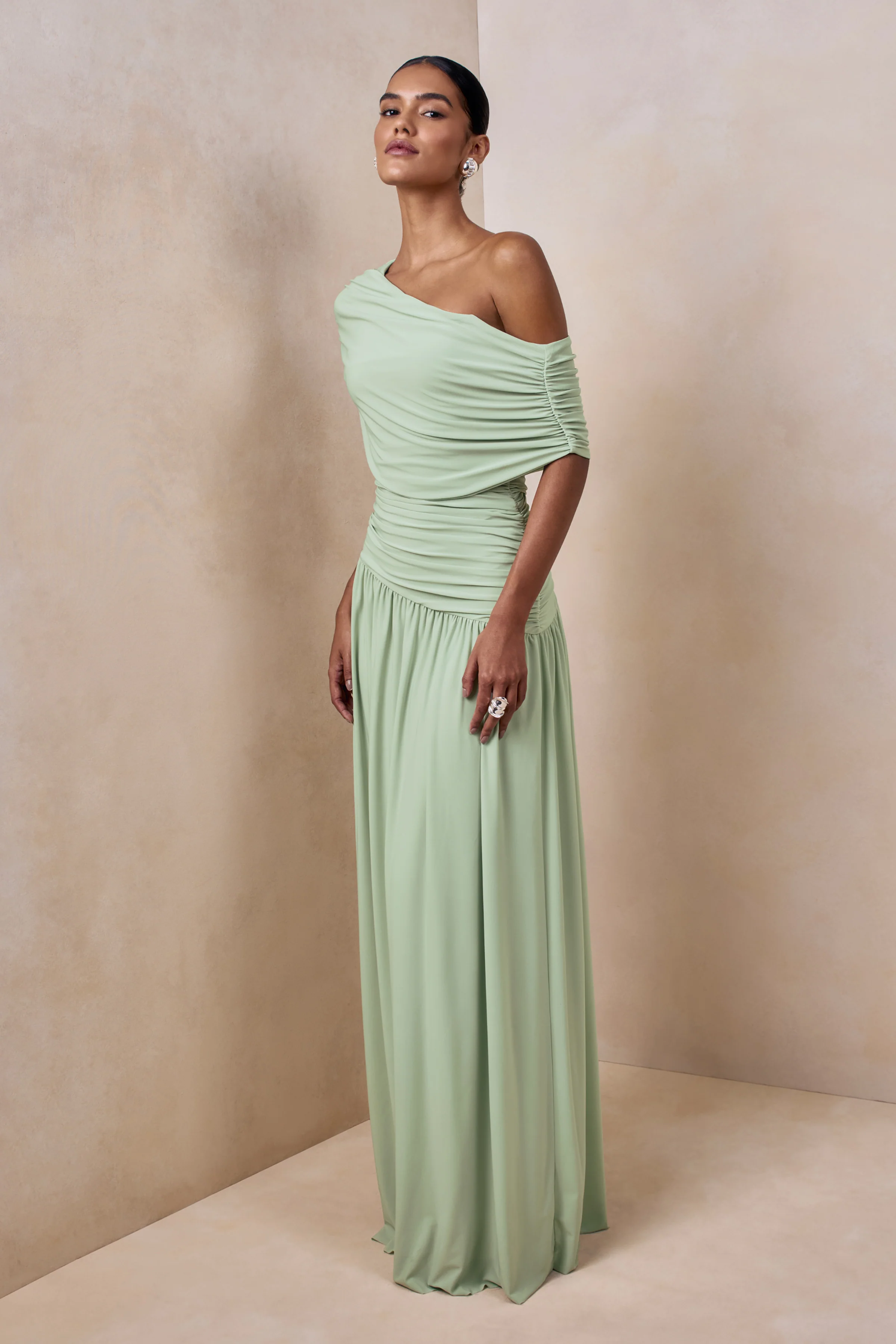 Emberly | Green Draped Asymmetric-Neck Maxi Dress With Drop-Waist - Image 5
