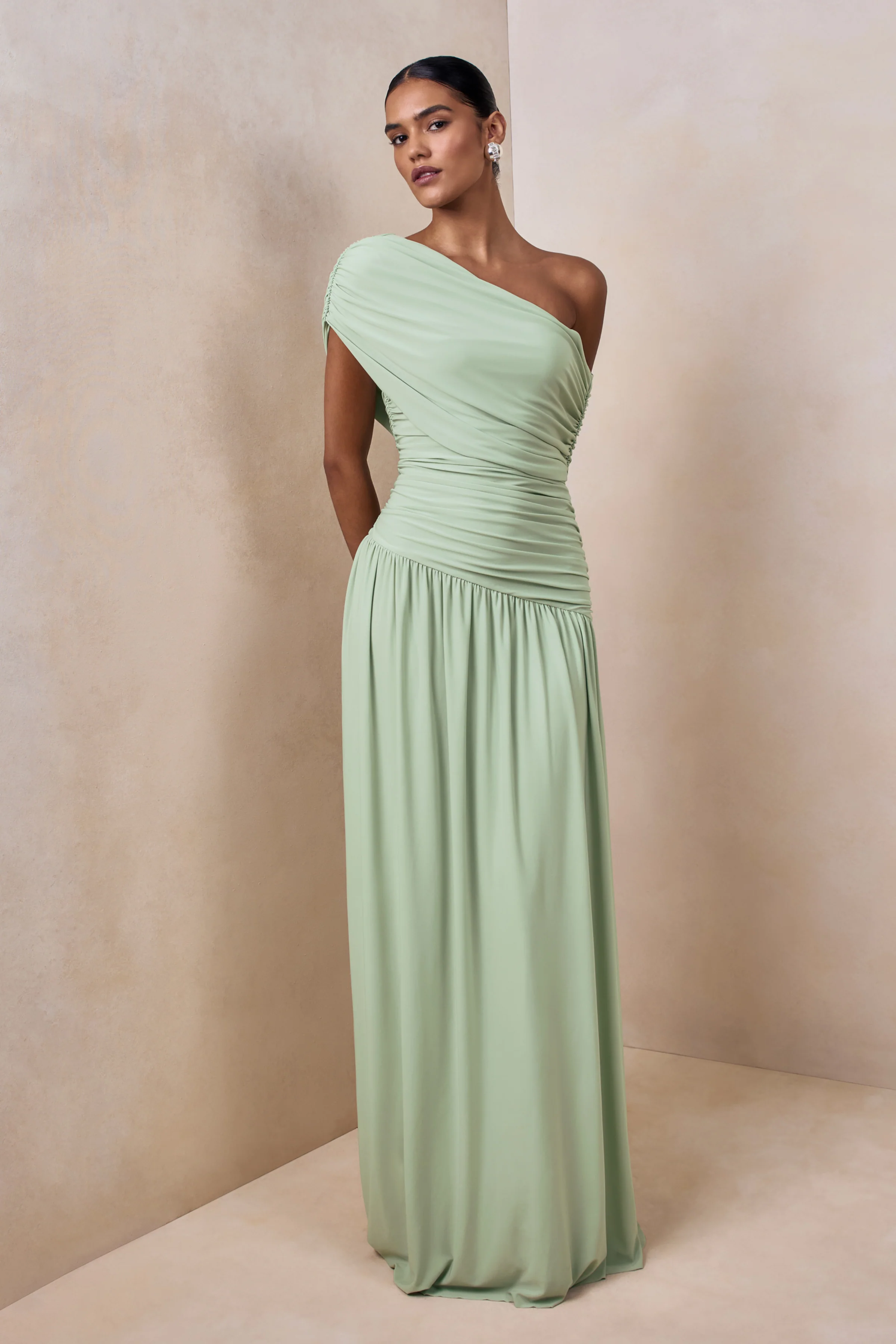 Emberly | Green Draped Asymmetric-Neck Maxi Dress With Drop-Waist - Image 6