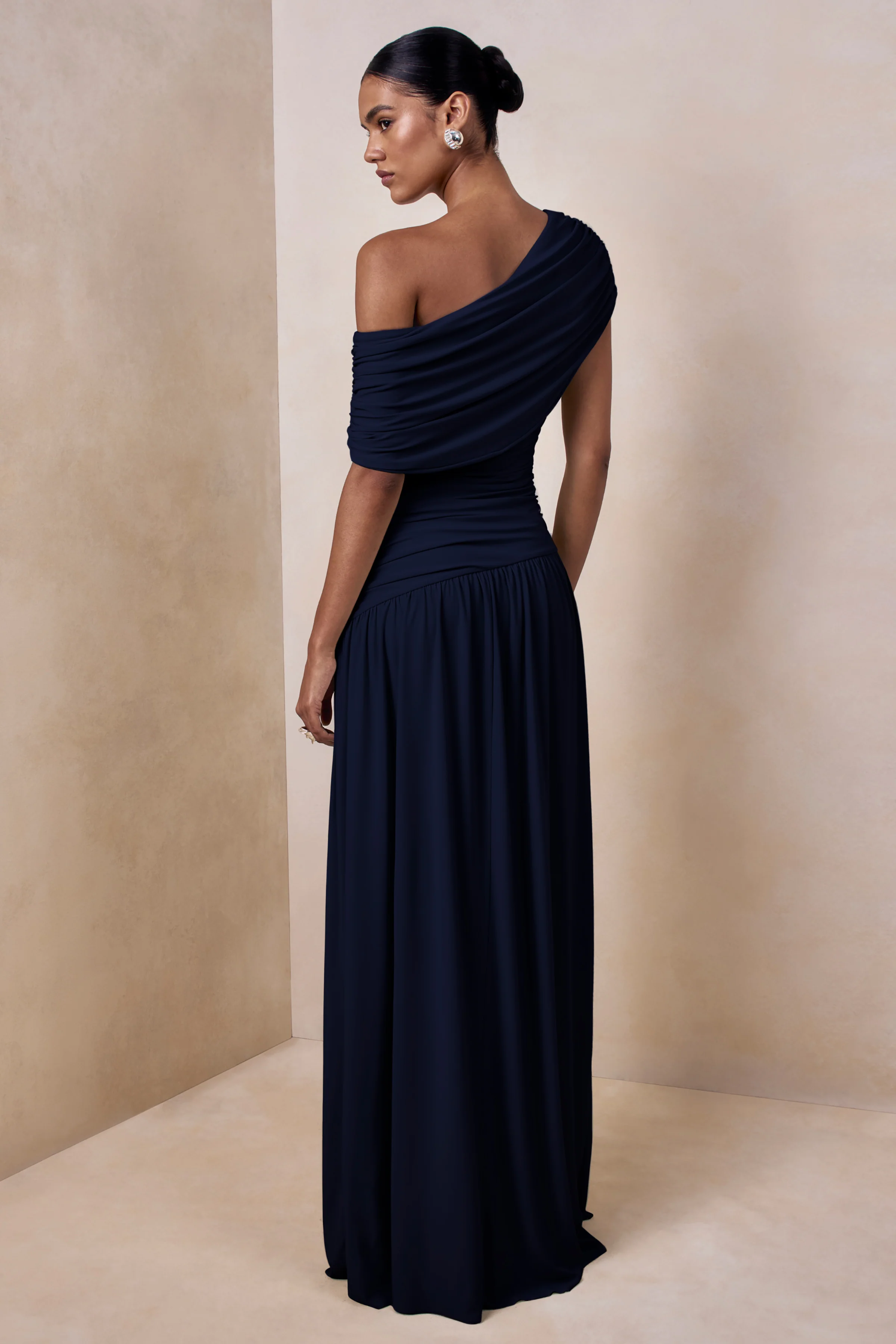 Emberly | Navy Draped Asymmetric-Neck Maxi Dress With Drop-Waist - Image 2