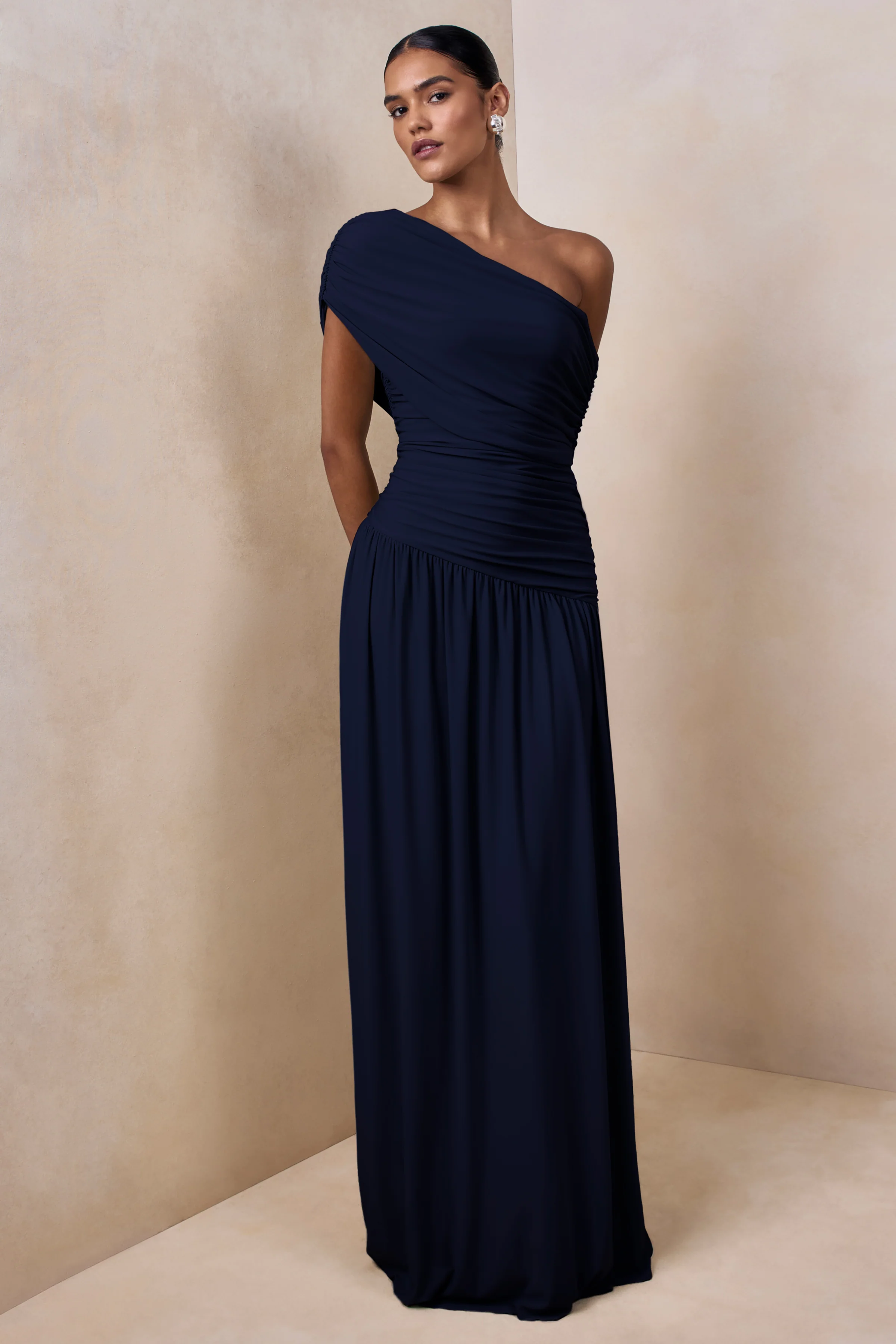 Emberly | Navy Draped Asymmetric-Neck Maxi Dress With Drop-Waist - Image 4