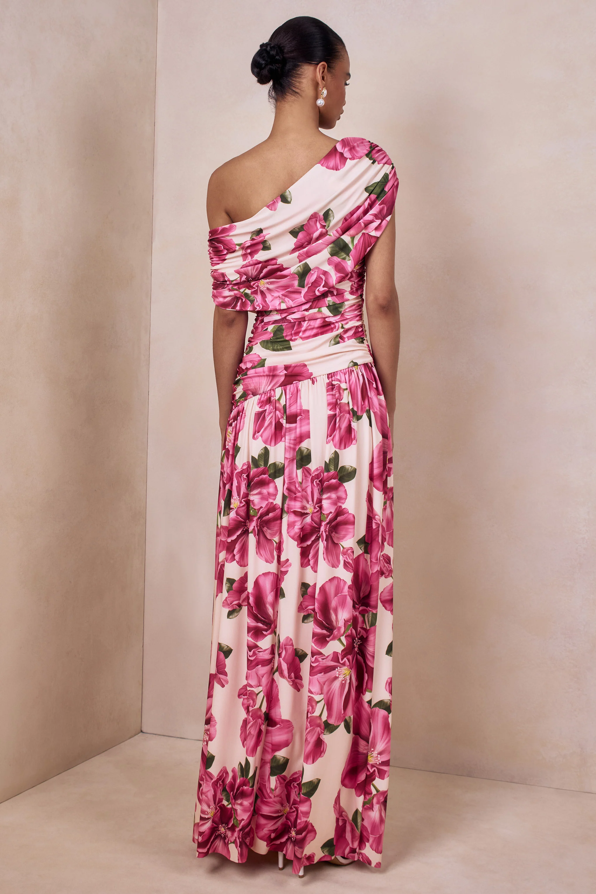 Emberly | Pink Hibiscus Floral Print Asymmetric Neck Maxi Dress With Drop Waist - Image 2