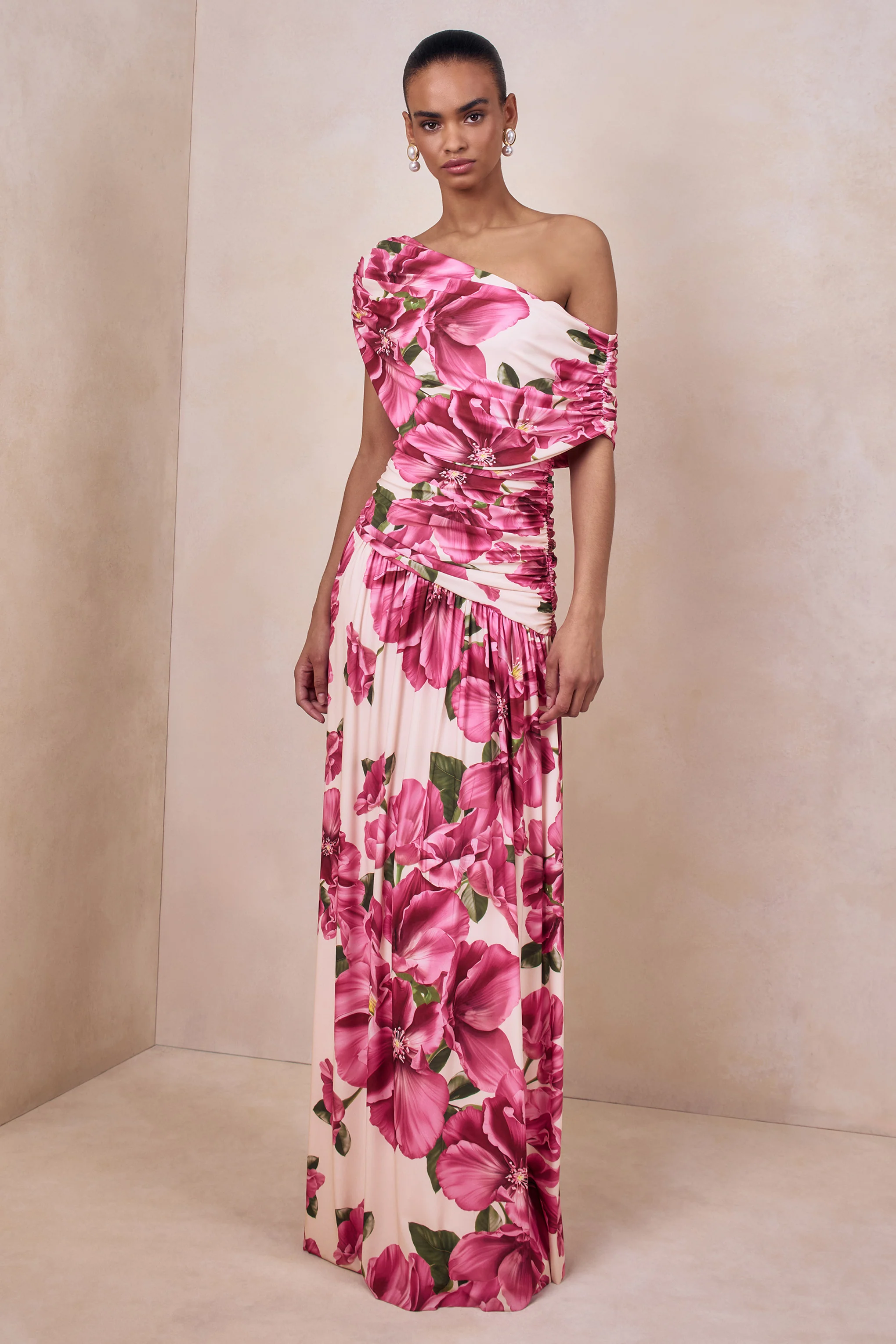 Emberly | Pink Hibiscus Floral Print Asymmetric Neck Maxi Dress With Drop Waist - Image 4