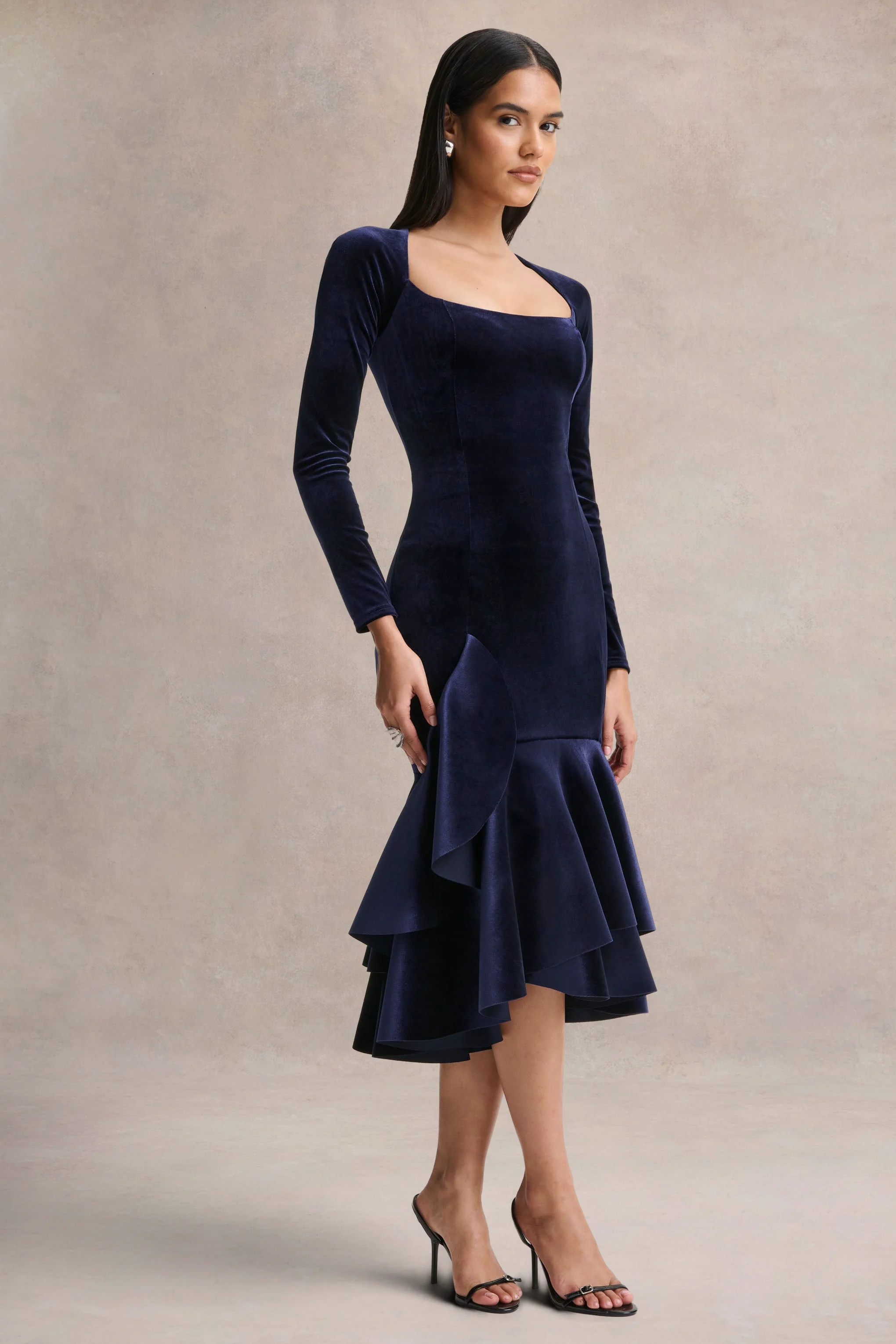 Emberlyn | Navy Velvet Scoop-Neck Fishtail Midi Dress - Image 4