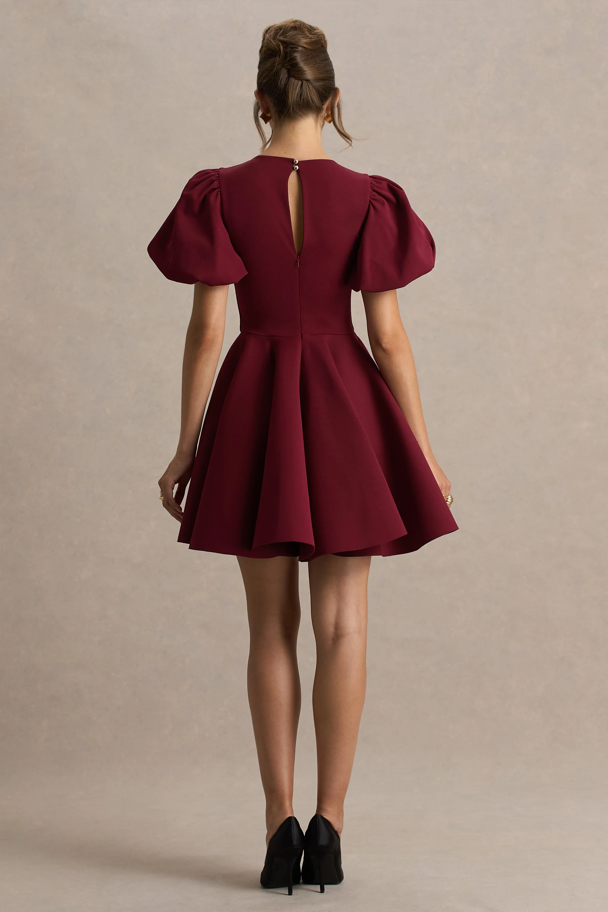 Emelia | Burgundy Puff-Sleeve Skater Mini Dress - Image 2