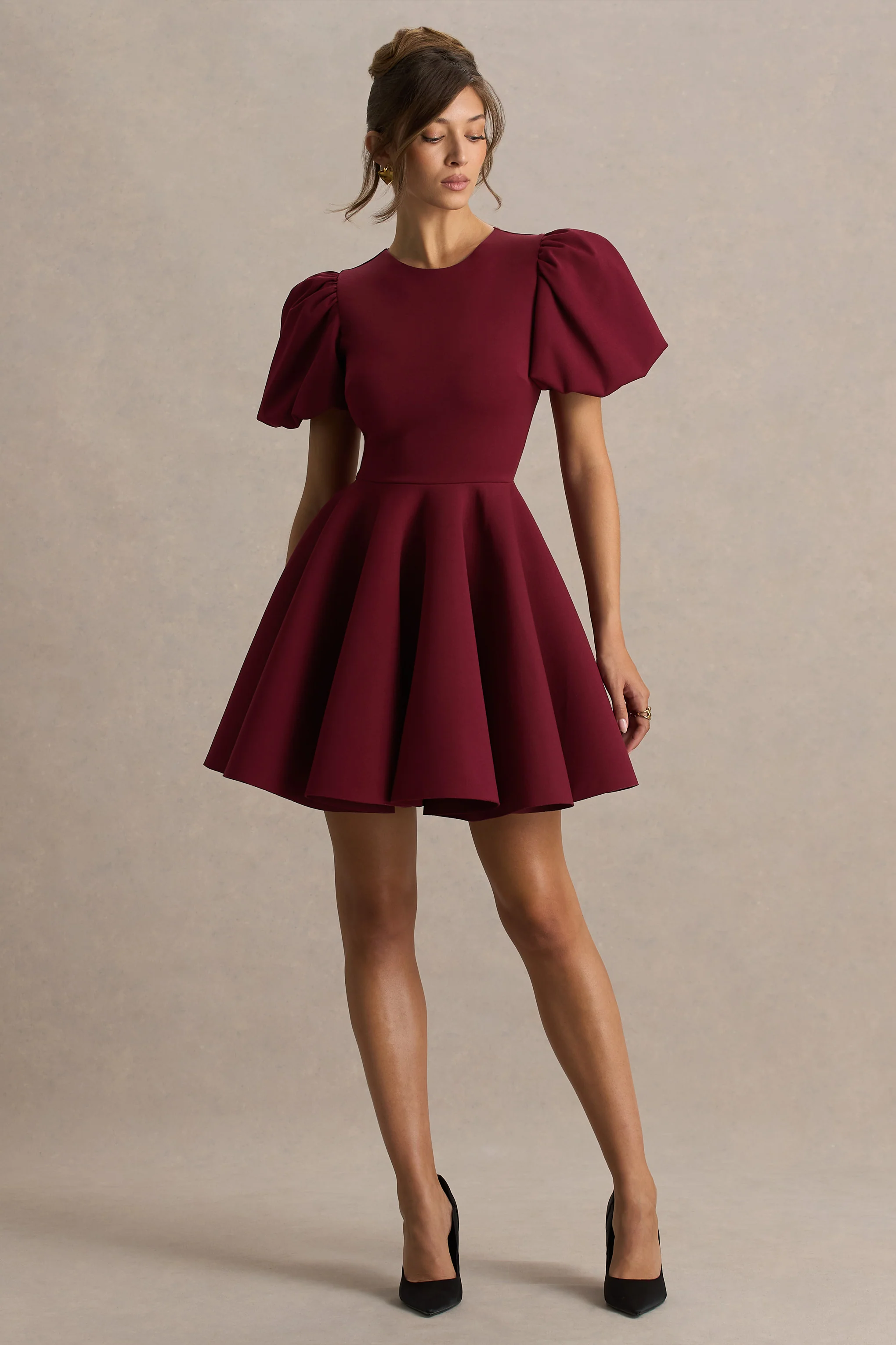 Emelia | Burgundy Puff-Sleeve Skater Mini Dress - Image 3