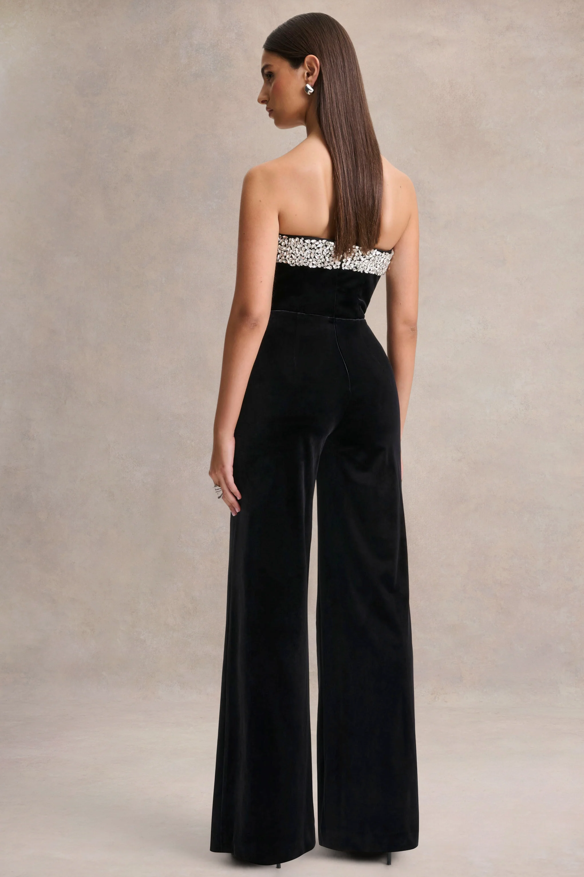 Emelie | Black Velvet Hand-Embellished Bandeau Jumpsuit - Image 2