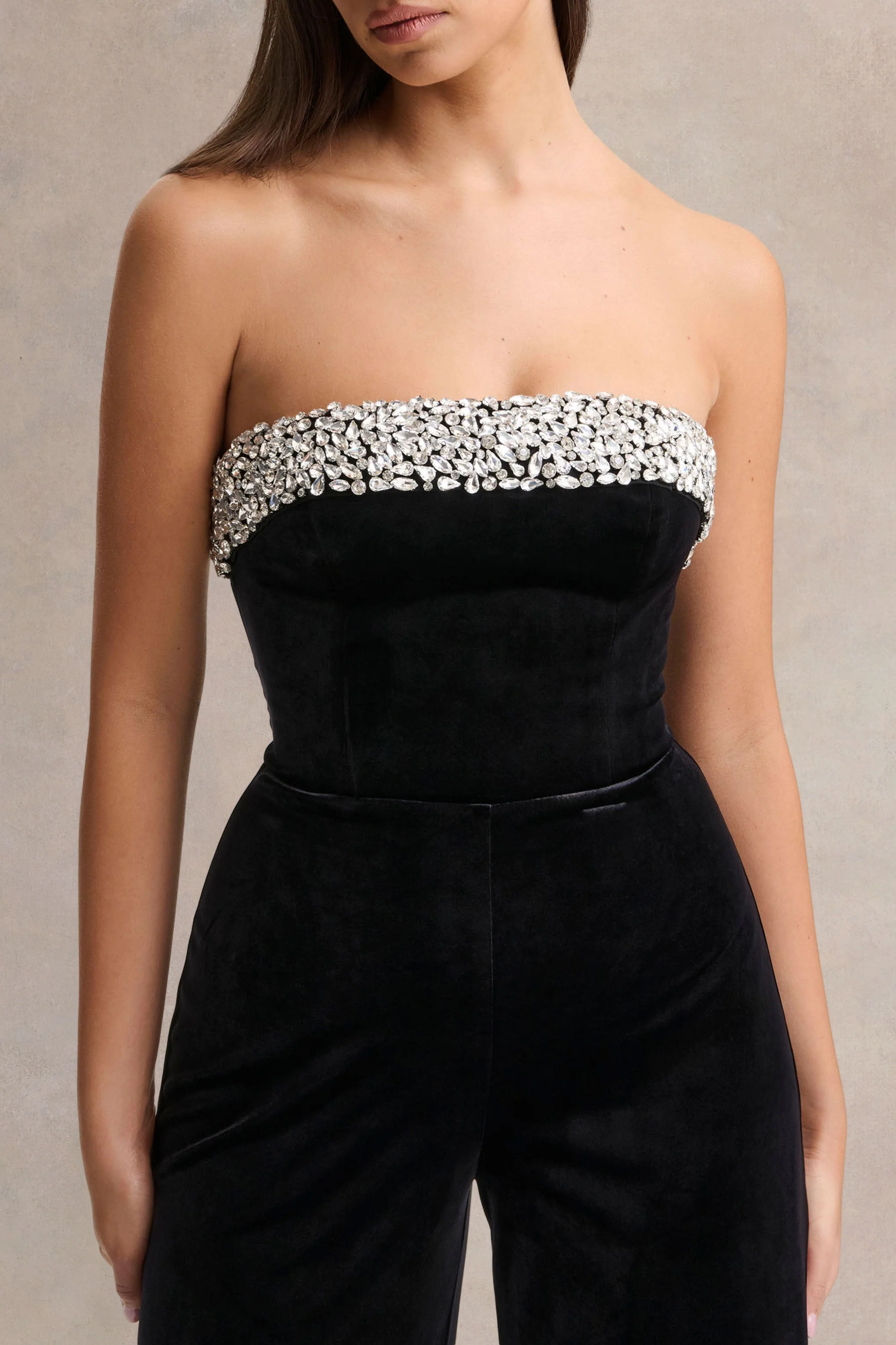 Emelie | Black Velvet Hand-Embellished Bandeau Jumpsuit - Image 3