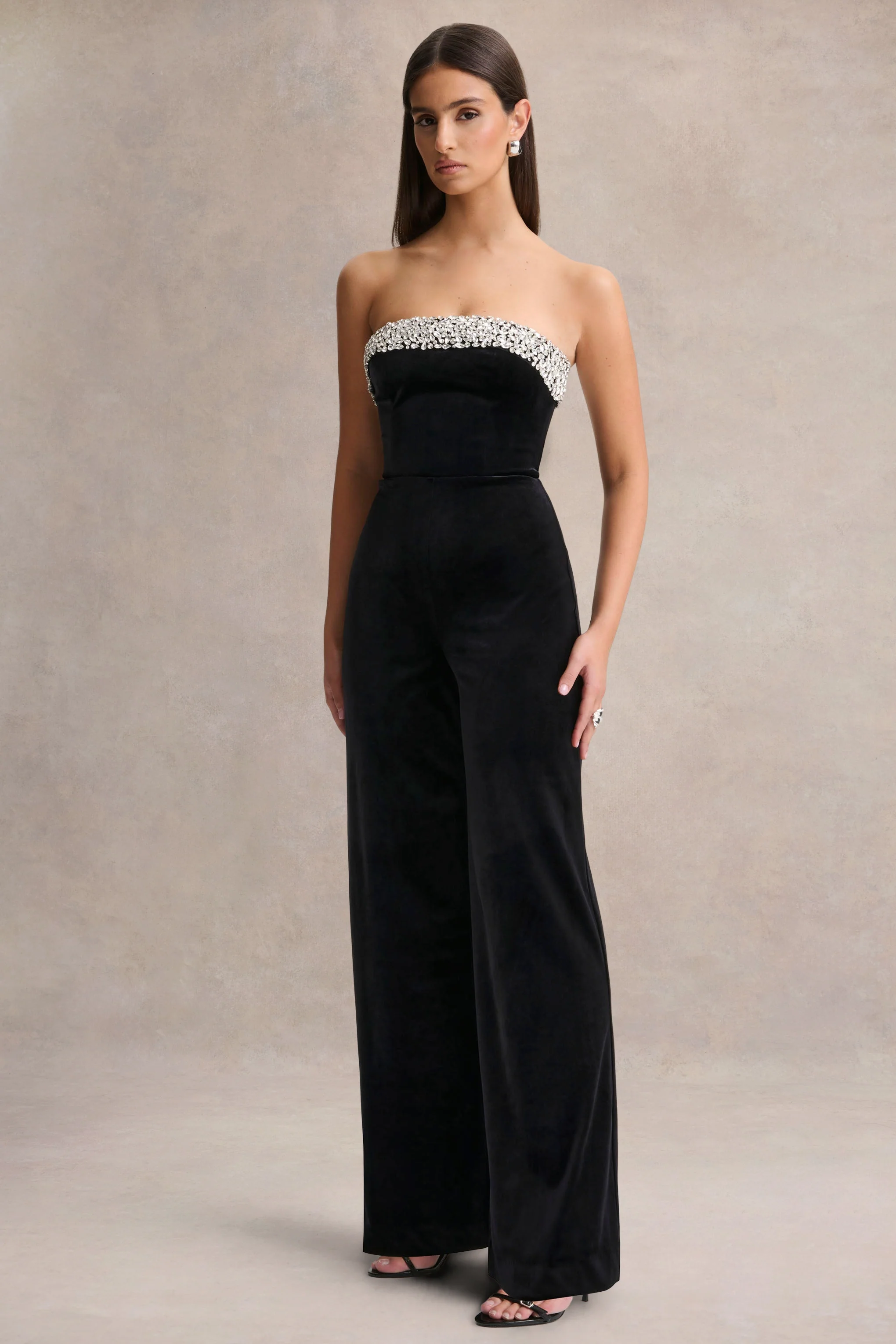 Emelie | Black Velvet Hand-Embellished Bandeau Jumpsuit - Image 5