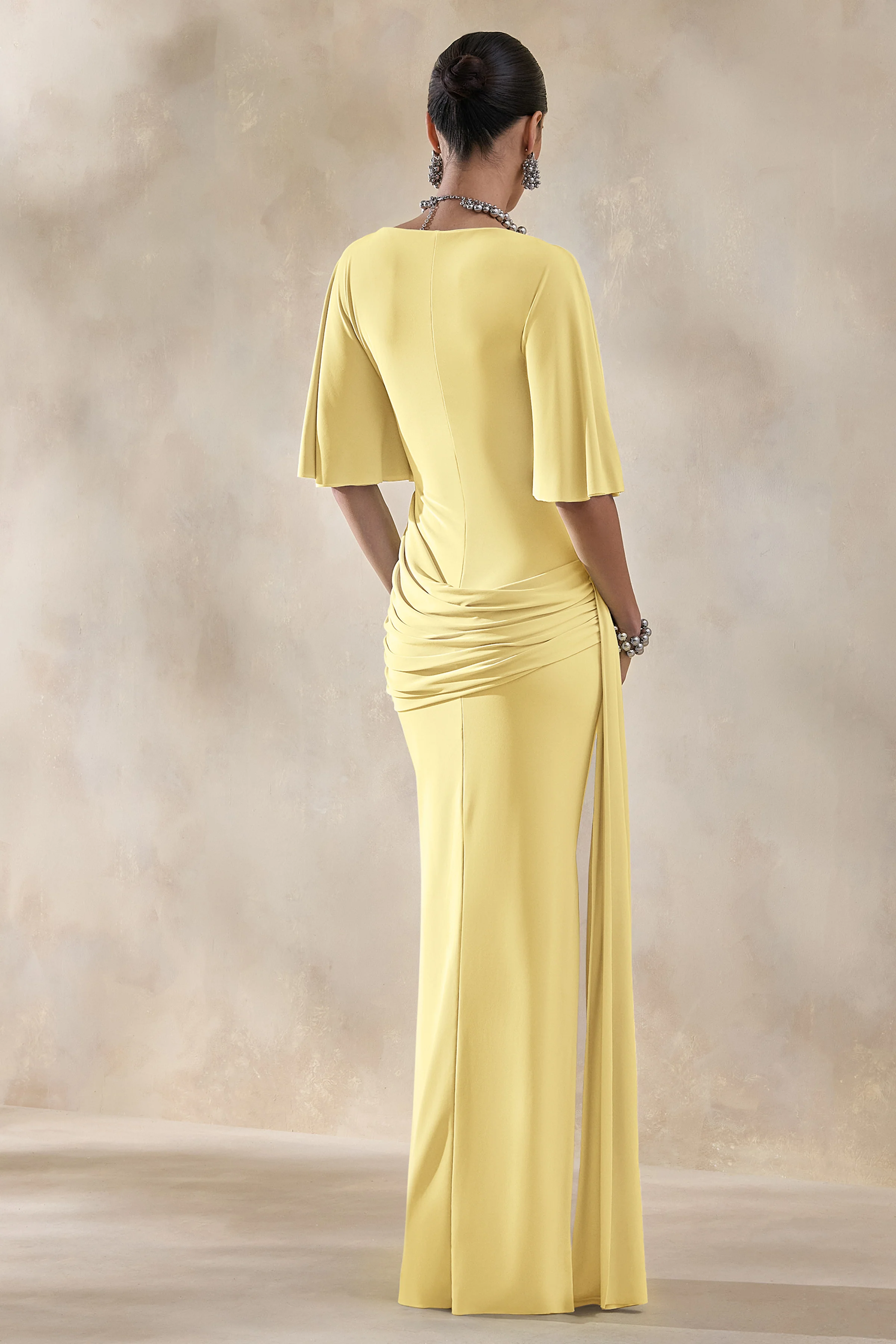 Emerelle | Lemon Wide-Neck Maxi Dress With Sash And Draped-Detailing - Image 2