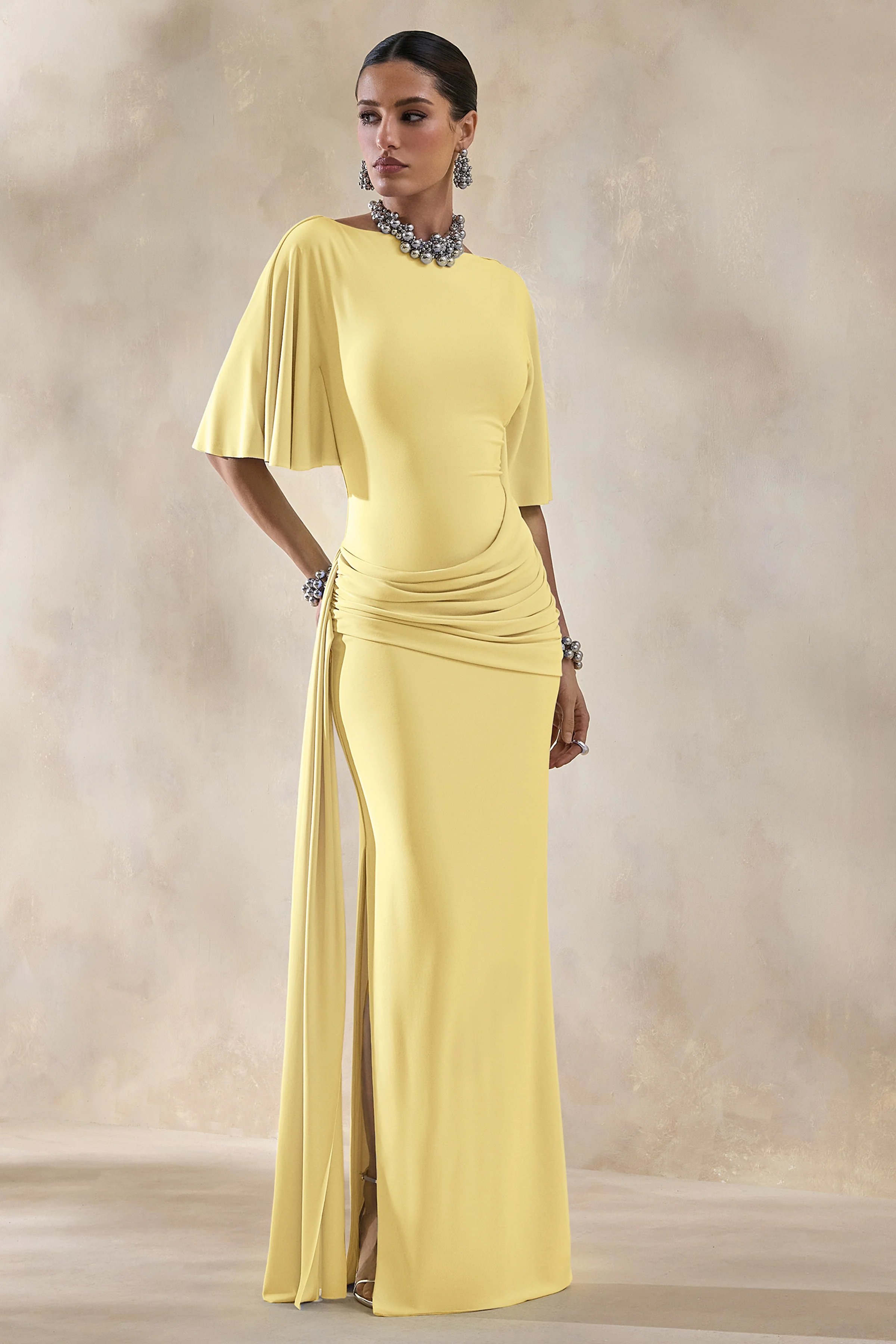 Emerelle | Lemon Wide-Neck Maxi Dress With Sash And Draped-Detailing - Image 4