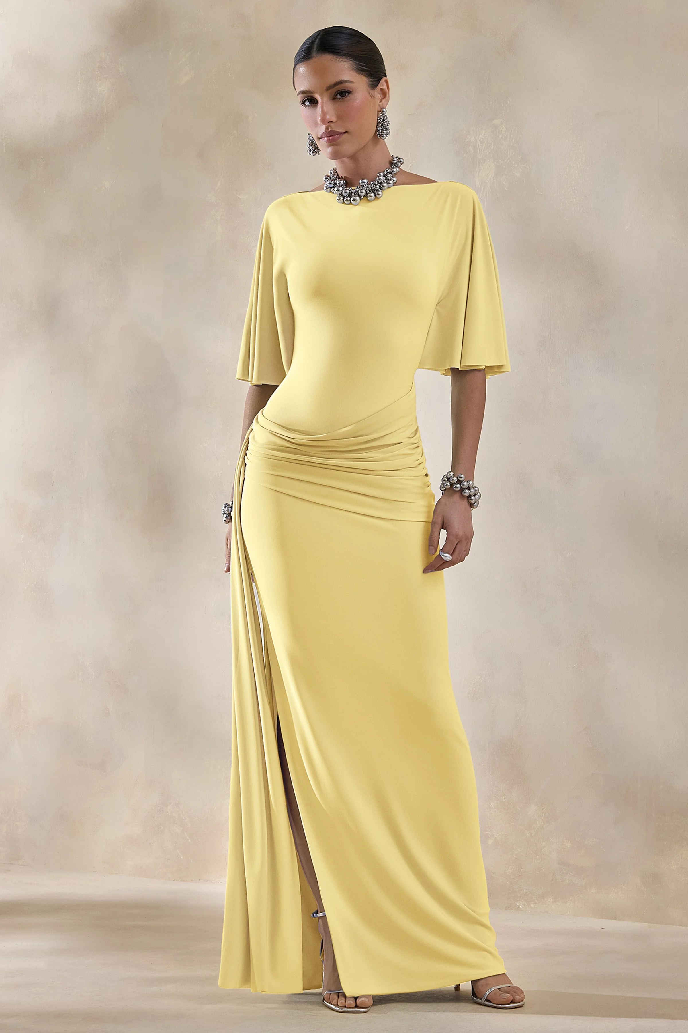 Emerelle | Lemon Wide-Neck Maxi Dress With Sash And Draped-Detailing - Image 5