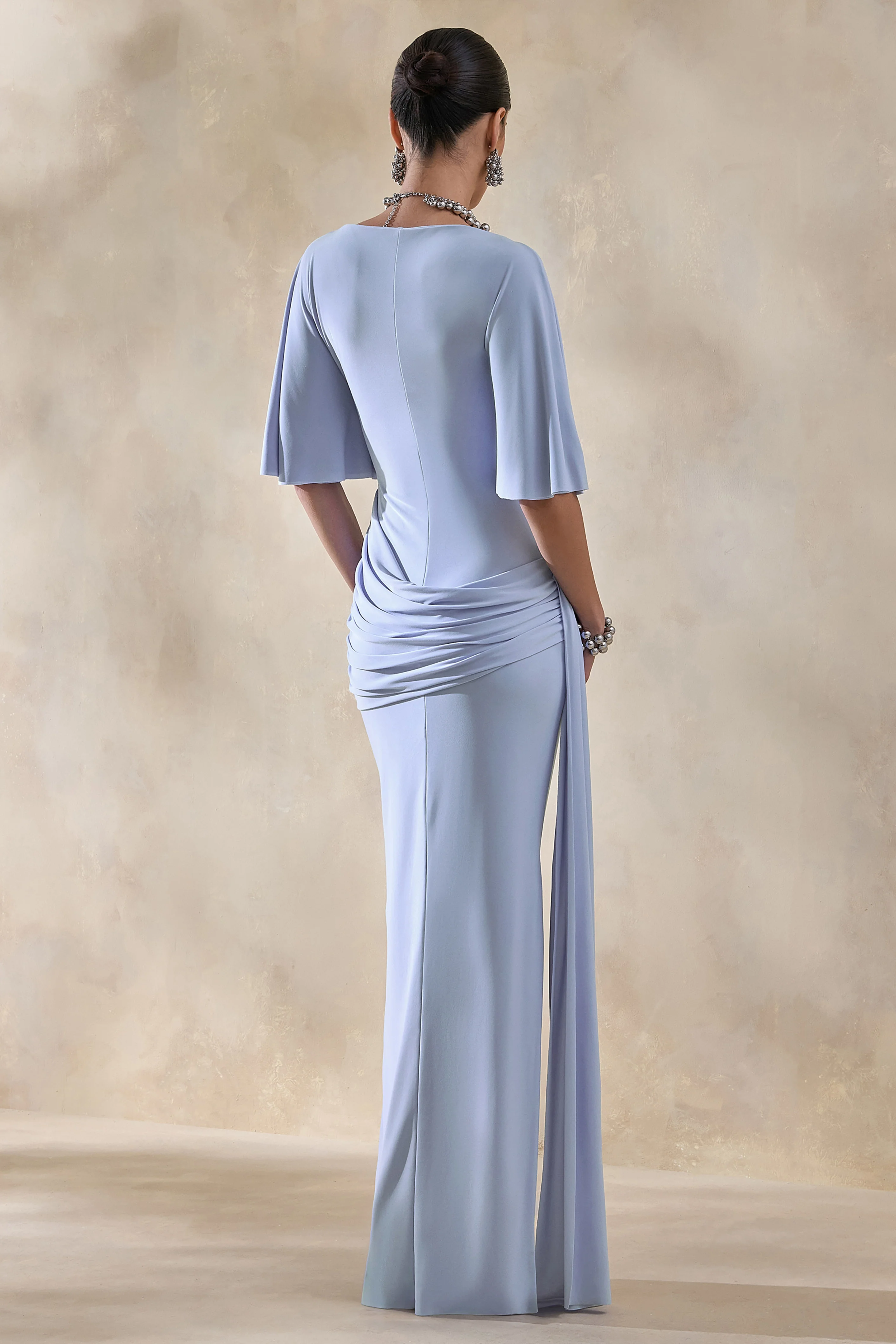 Emerelle | Powder Blue Wide-Neck Maxi Dress With Sash And Draped-Detailing - Image 2