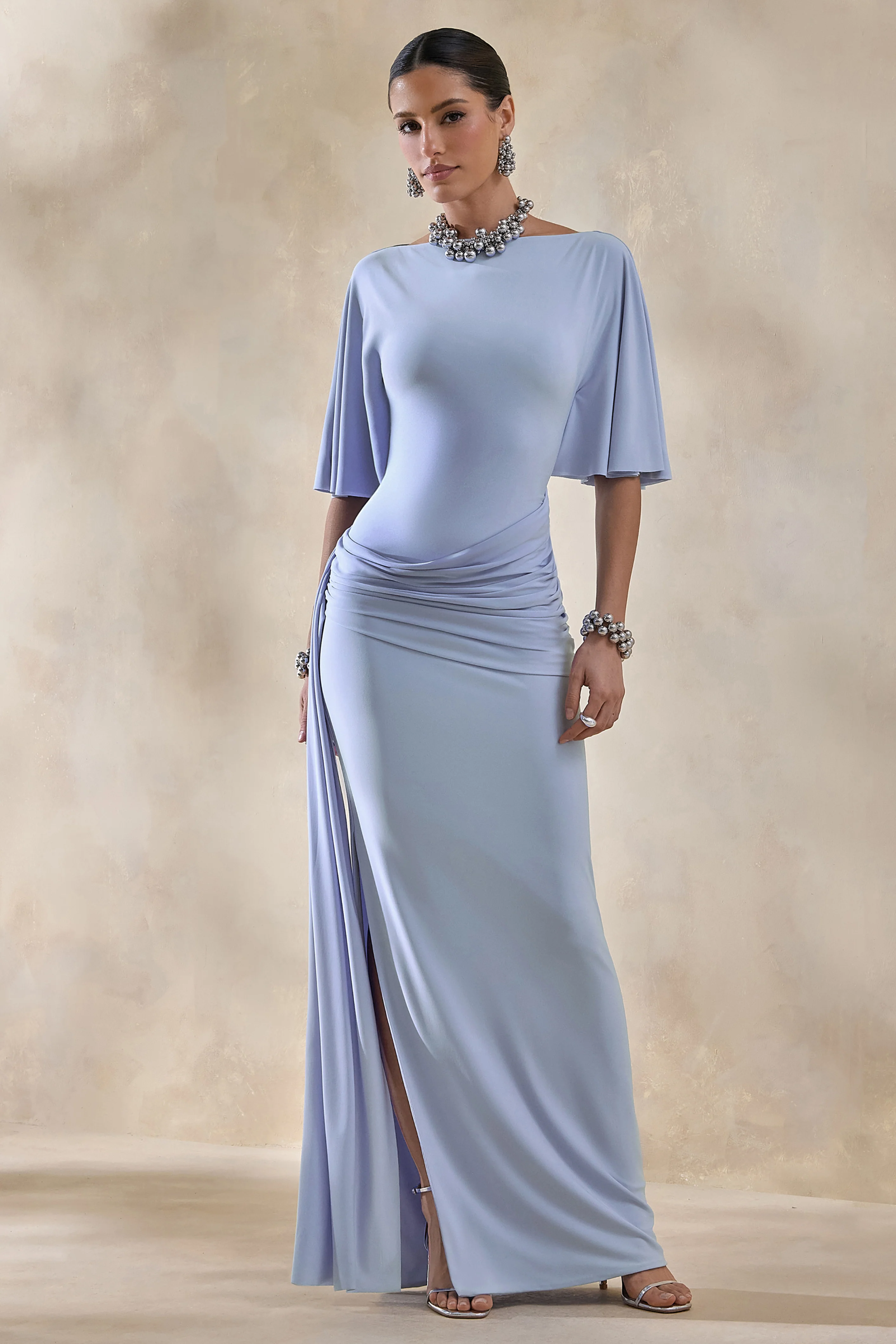 Emerelle | Powder Blue Wide-Neck Maxi Dress With Sash And Draped-Detailing - Image 5