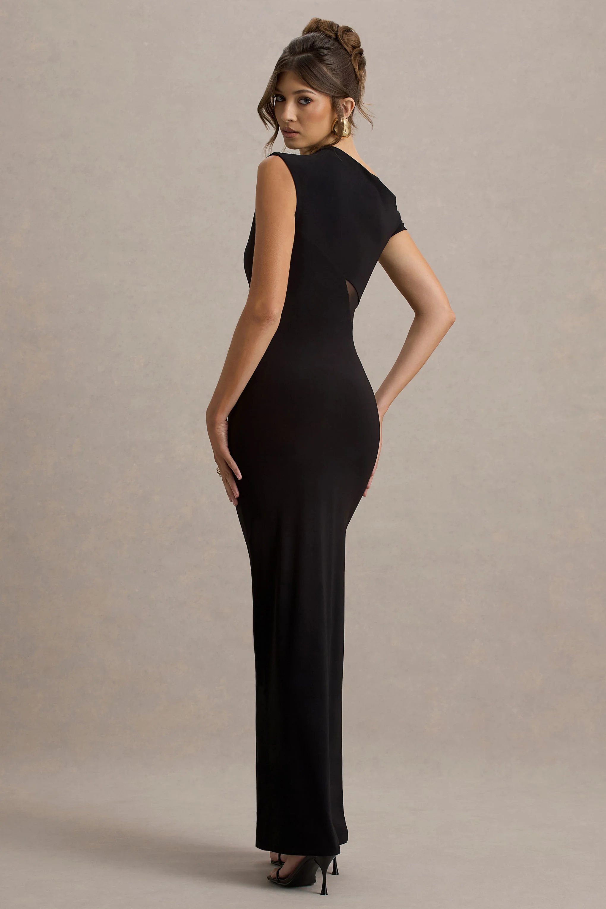 Emily | Black Asymmetric Split Maxi Dress With Mesh Detailing - Image 2