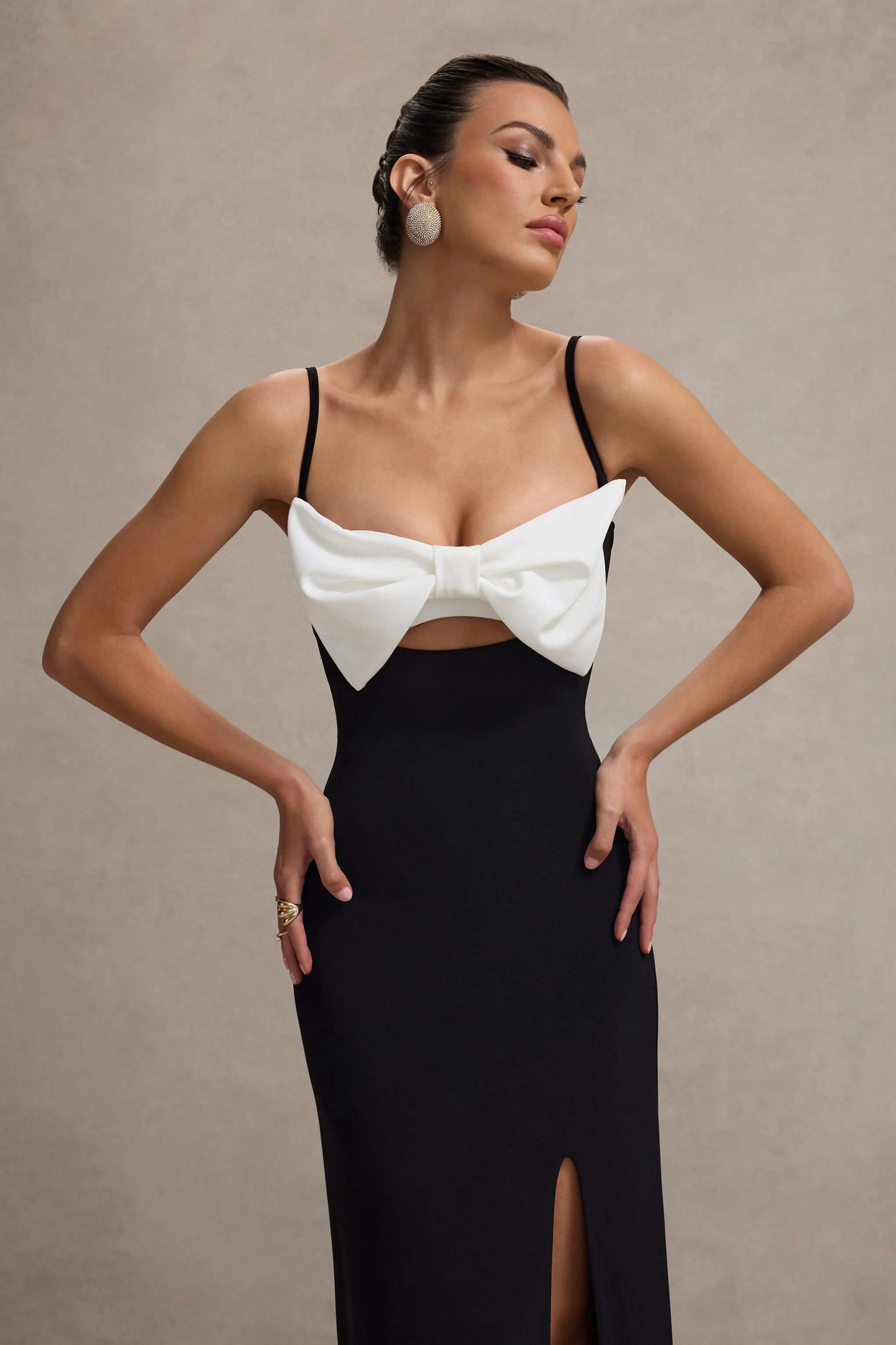 Emmalou | Black & White Strappy Split Maxi Dress With Bow - Image 3