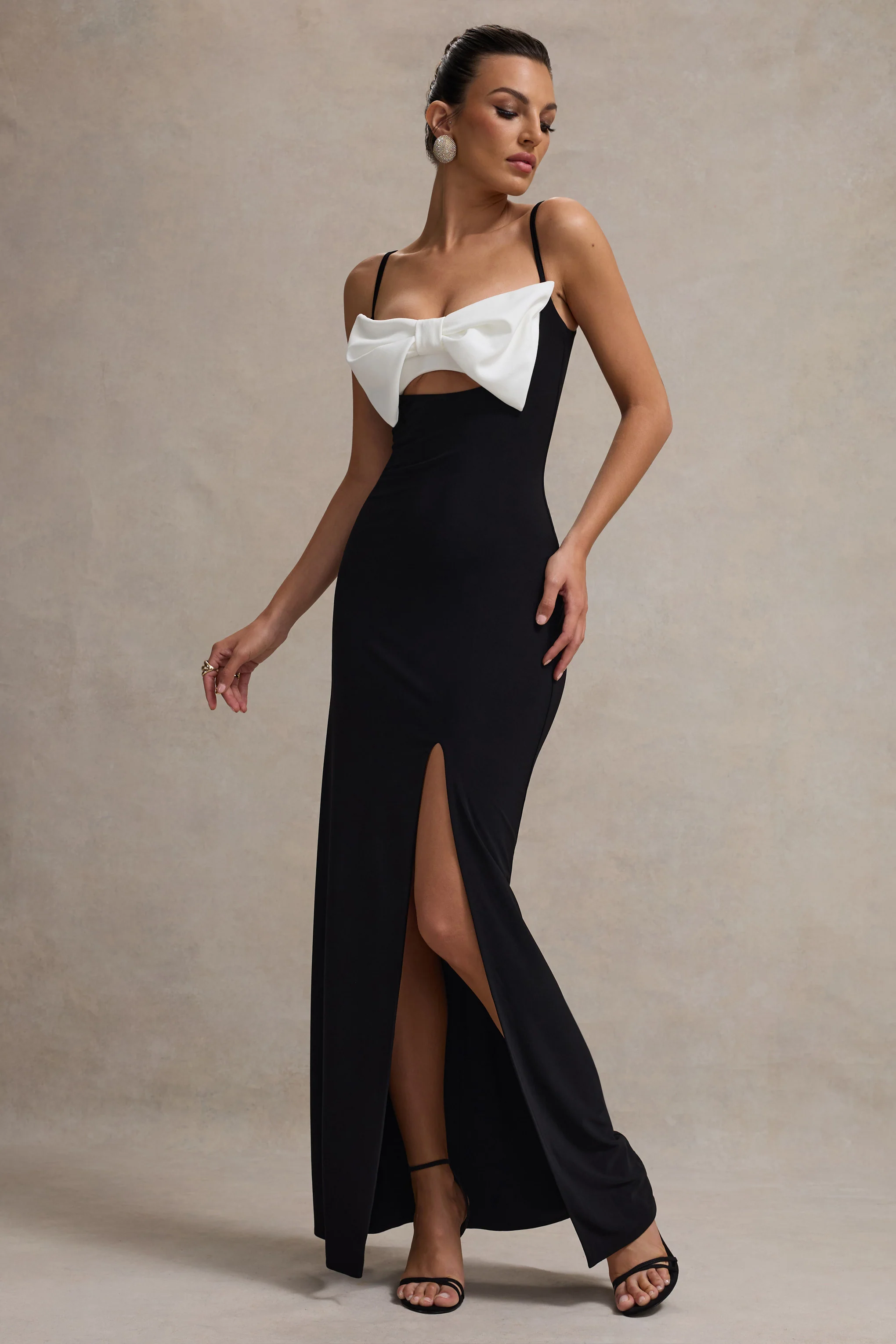Emmalou | Black & White Strappy Split Maxi Dress With Bow - Image 4