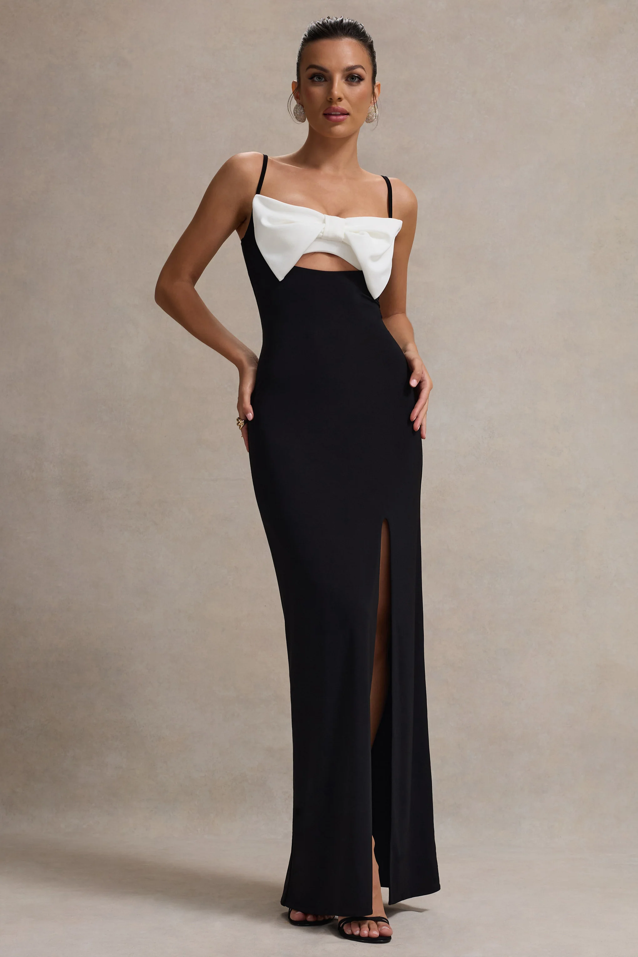 Emmalou | Black & White Strappy Split Maxi Dress With Bow - Image 5