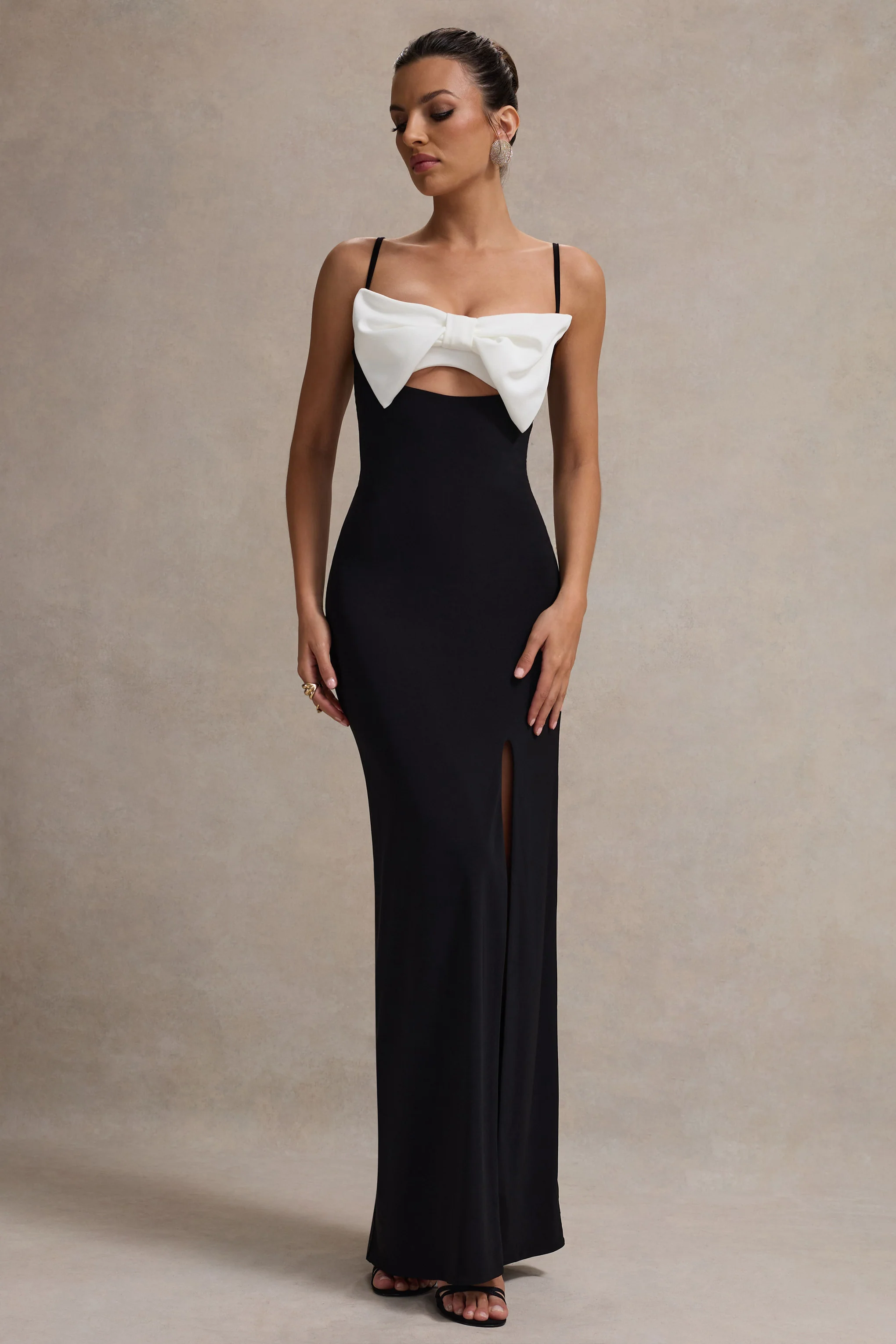 Emmalou | Black & White Strappy Split Maxi Dress With Bow - Image 6