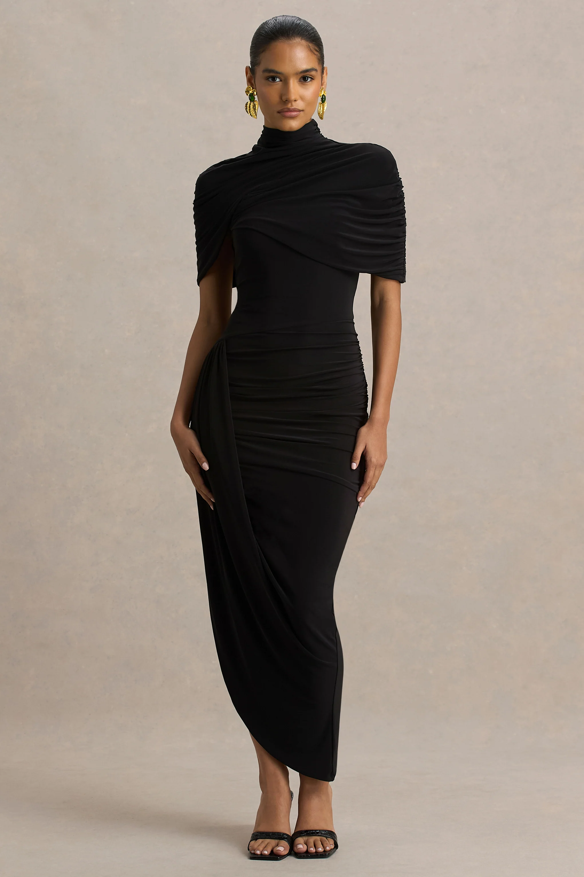 Enchant | Black Asymmetric Twisted Cape Midi Dress - Image 3
