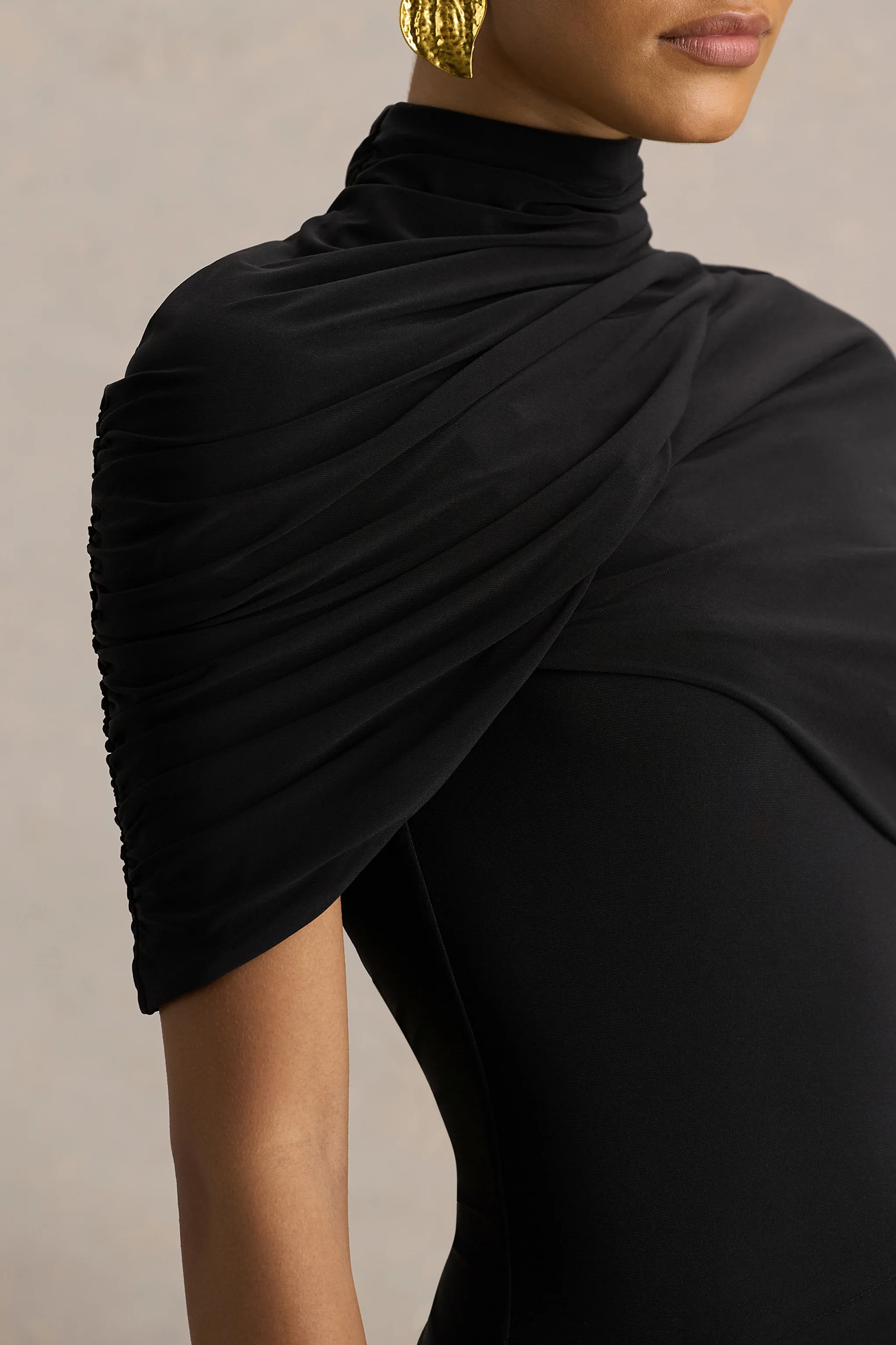 Enchant | Black Asymmetric Twisted Cape Midi Dress - Image 4