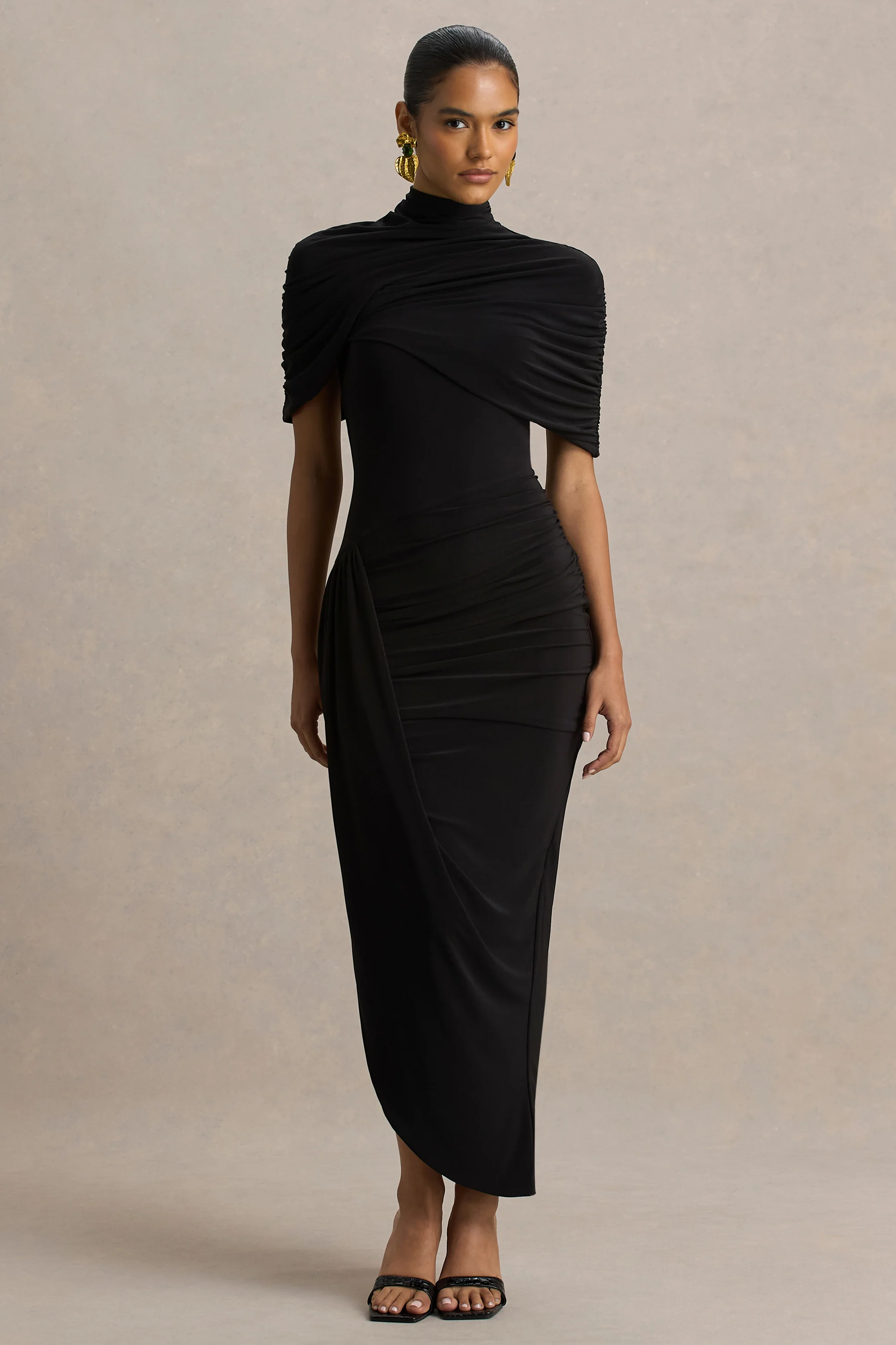 Enchant | Black Asymmetric Twisted Cape Midi Dress - Image 6