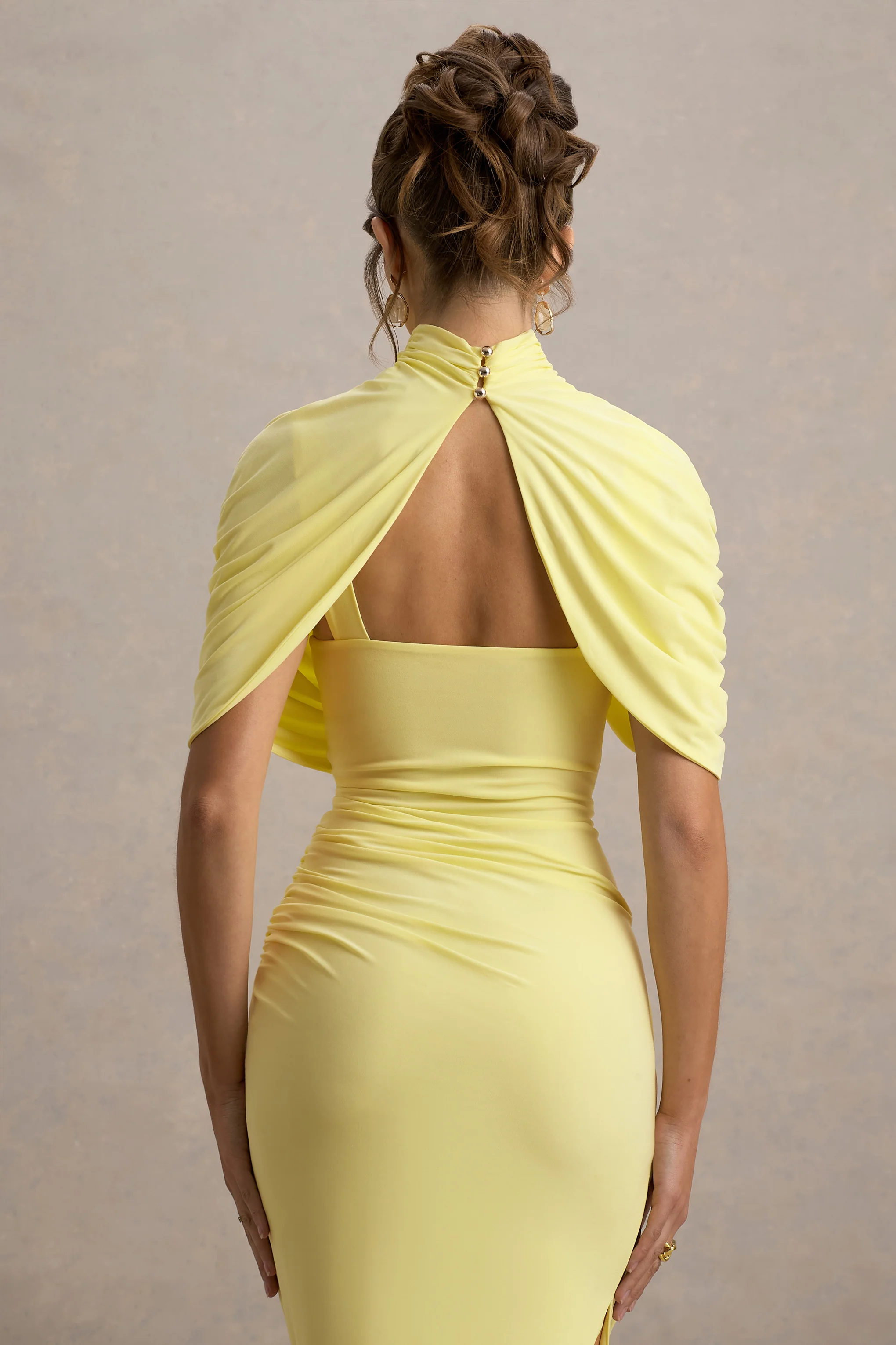 Enchant | Lemon Asymmetric Twisted Cape Midi Dress - Image 4