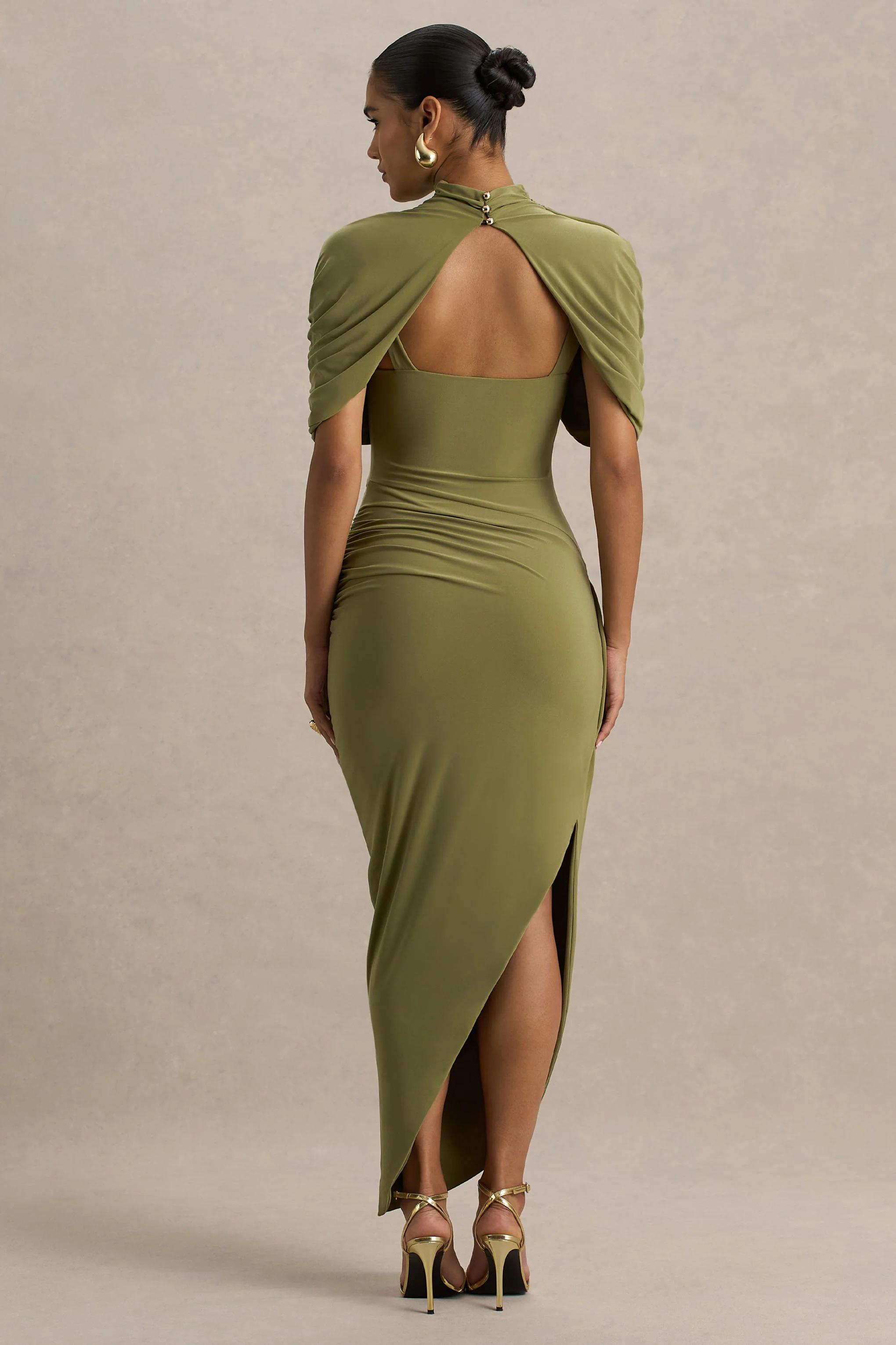Enchant | Olive Asymmetric Twisted Cape Midi Dress - Image 2