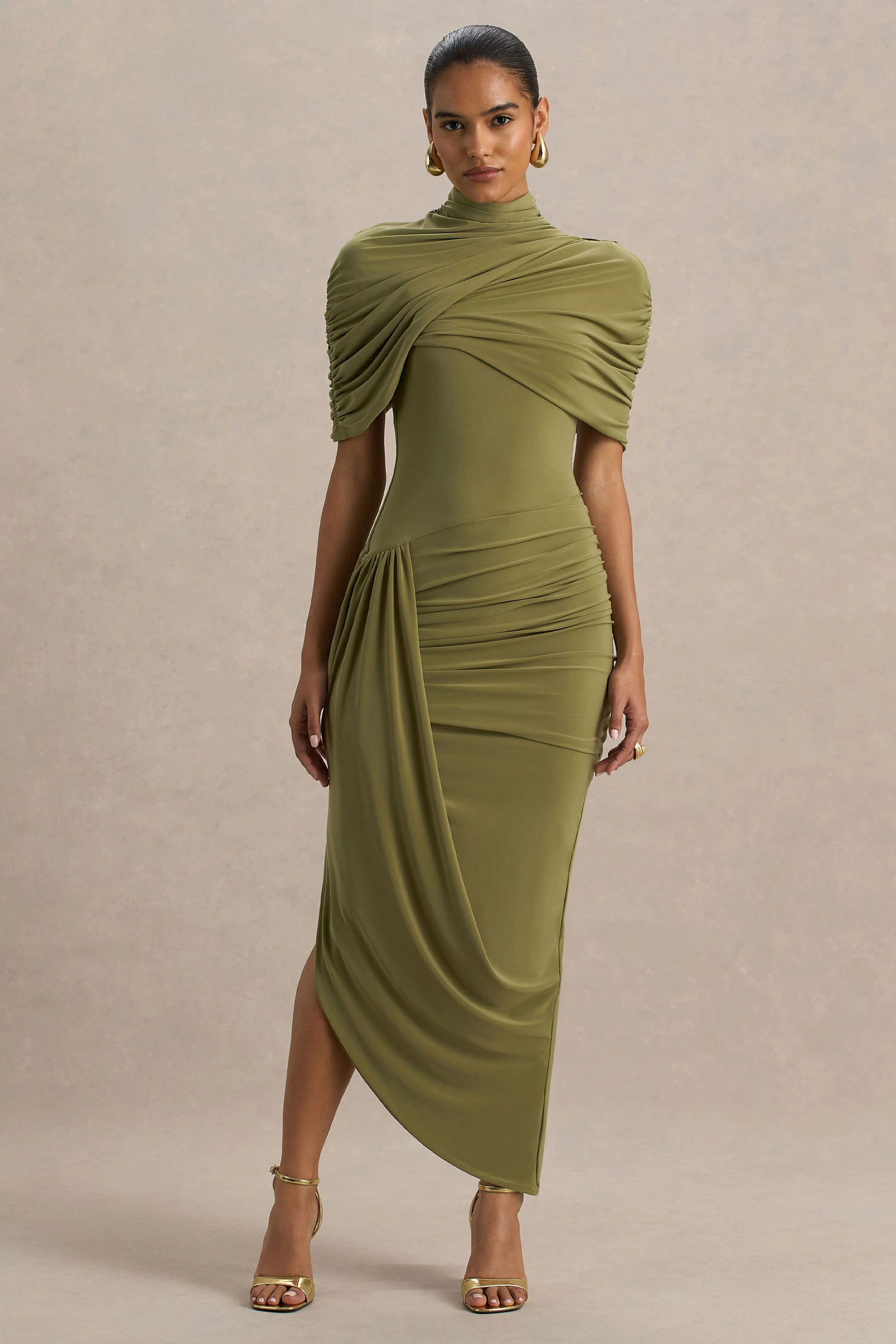 Enchant | Olive Asymmetric Twisted Cape Midi Dress - Image 3
