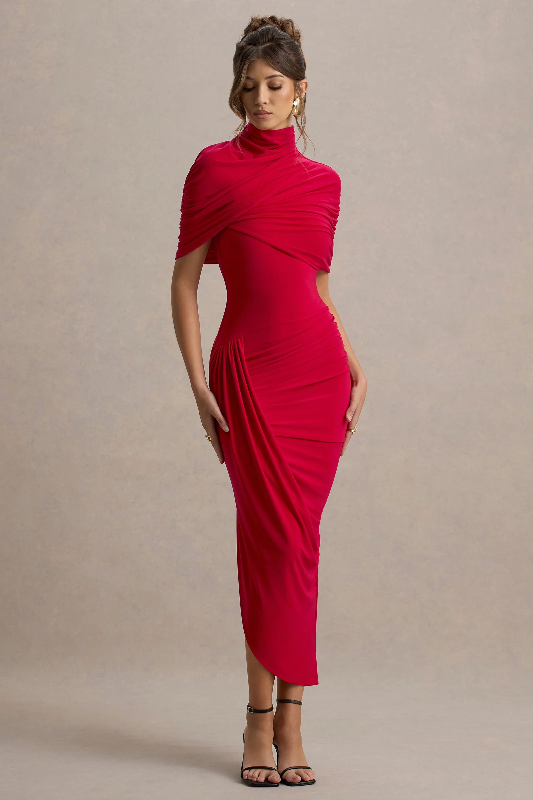 Enchant | Red Asymmetric Twisted Cape Midi Dress - Image 5