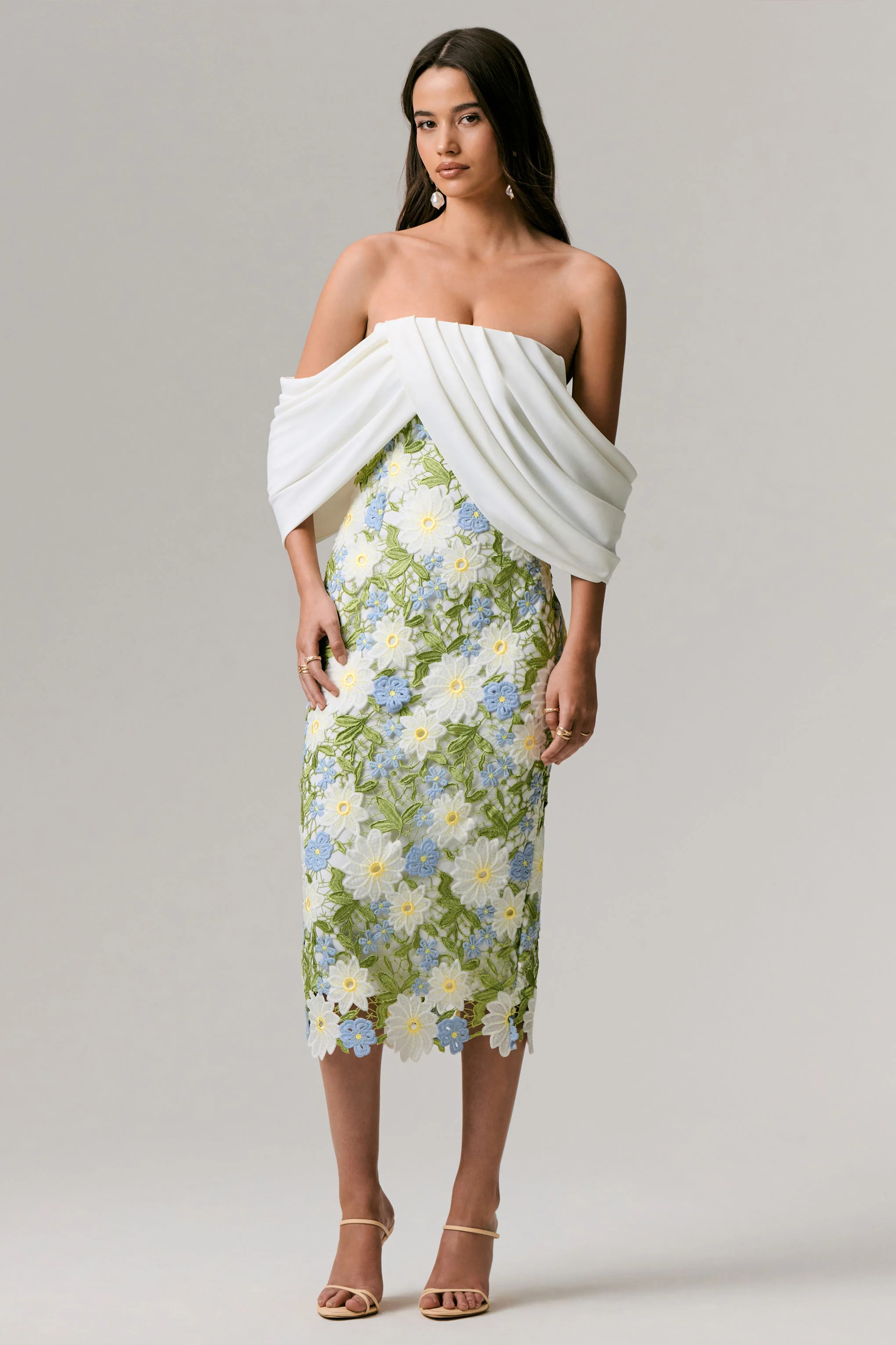 Entitled | Cream Floral Lace Bardot Midi Dress - Image 3