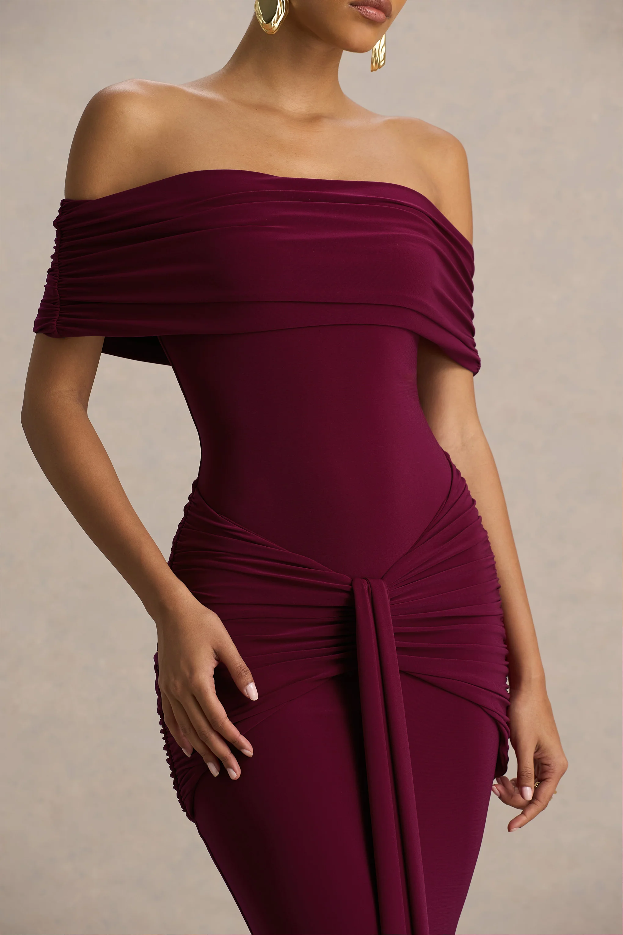 Envisioned | Burgundy Bardot-Neck Maxi Dress With Gathered And Drape Detail - Image 3