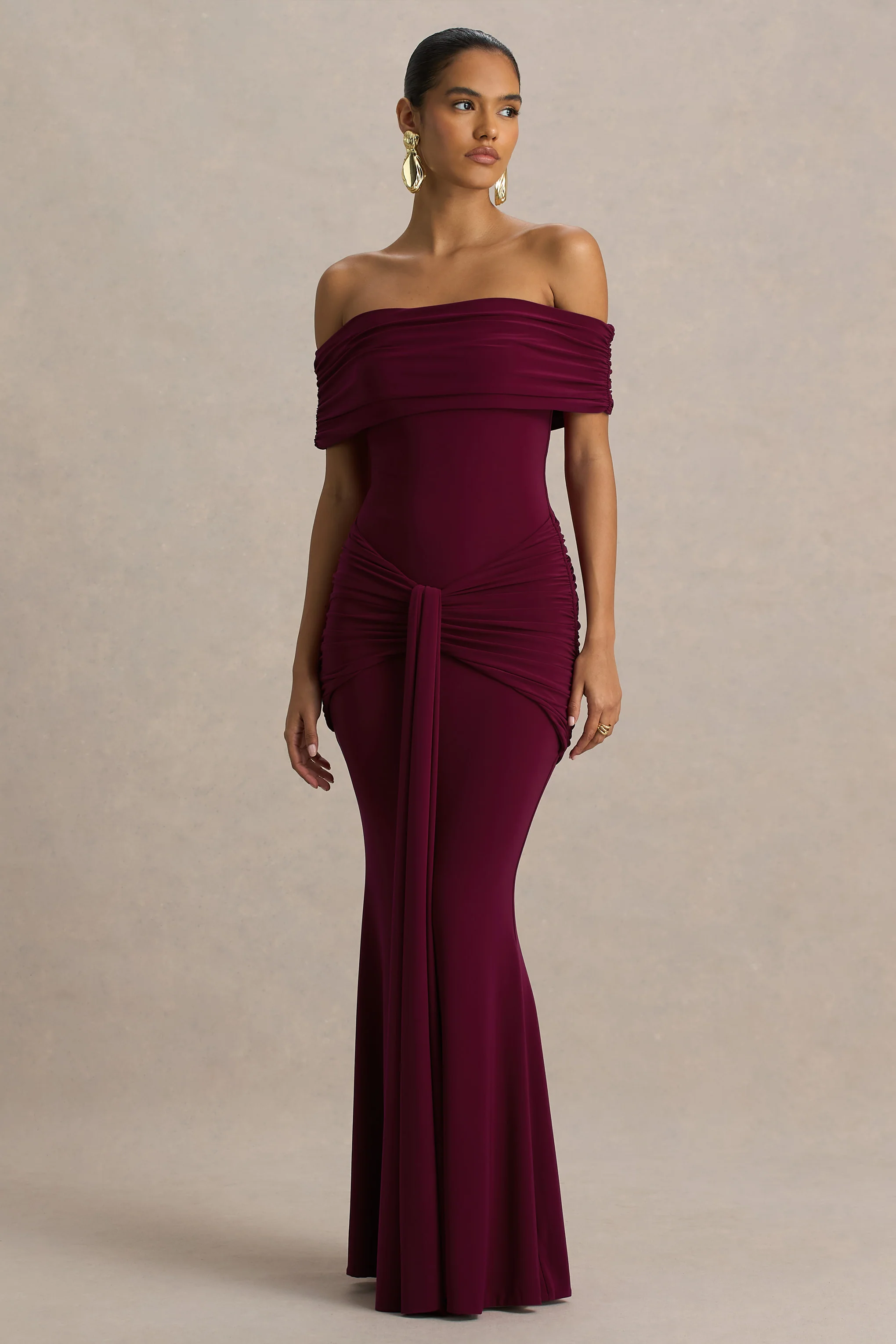 Envisioned | Burgundy Bardot-Neck Maxi Dress With Gathered And Drape Detail - Image 4