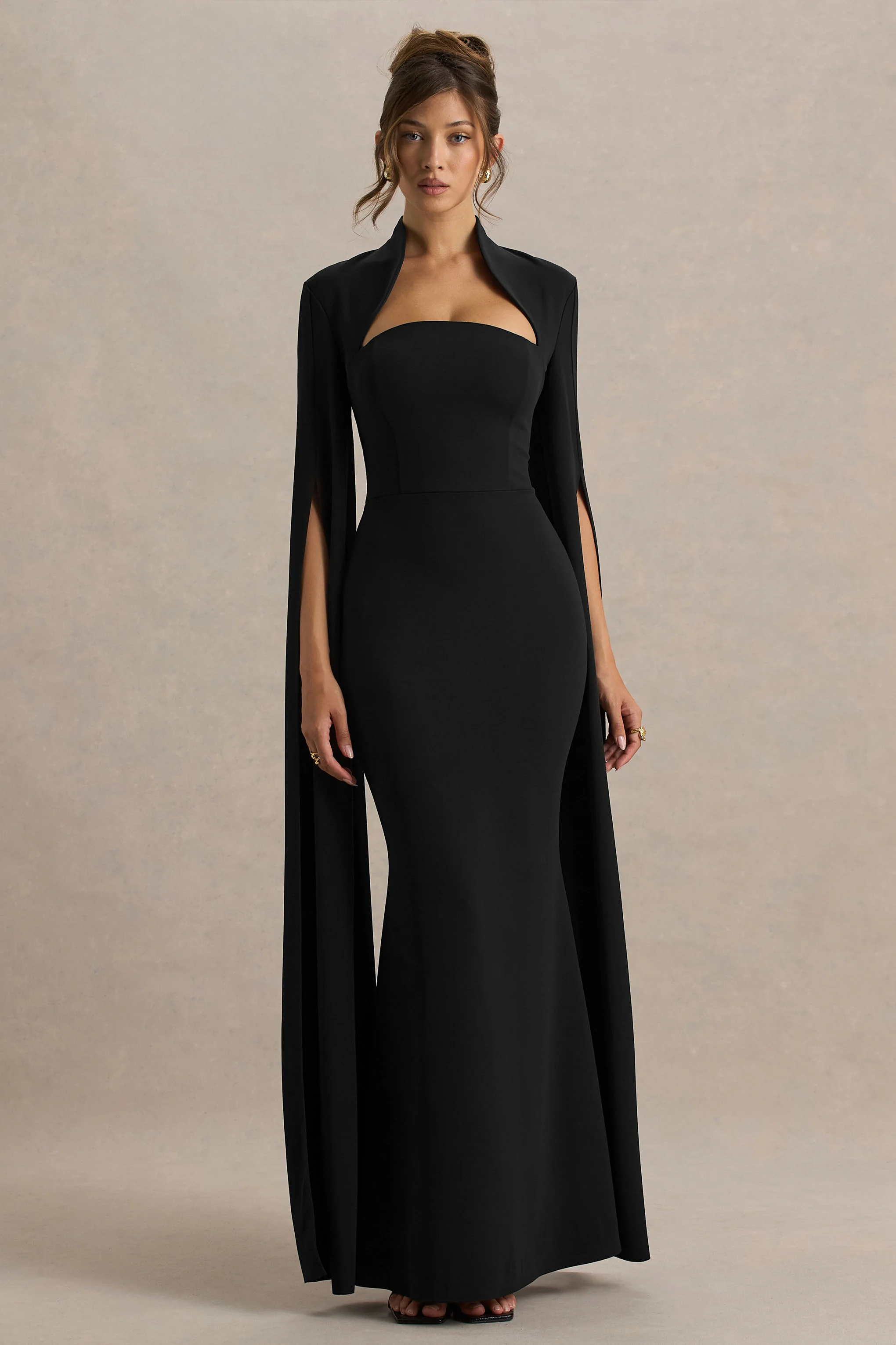 Esme | Black Square-Neck Maxi Dress With Cape Sleeves - Image 4