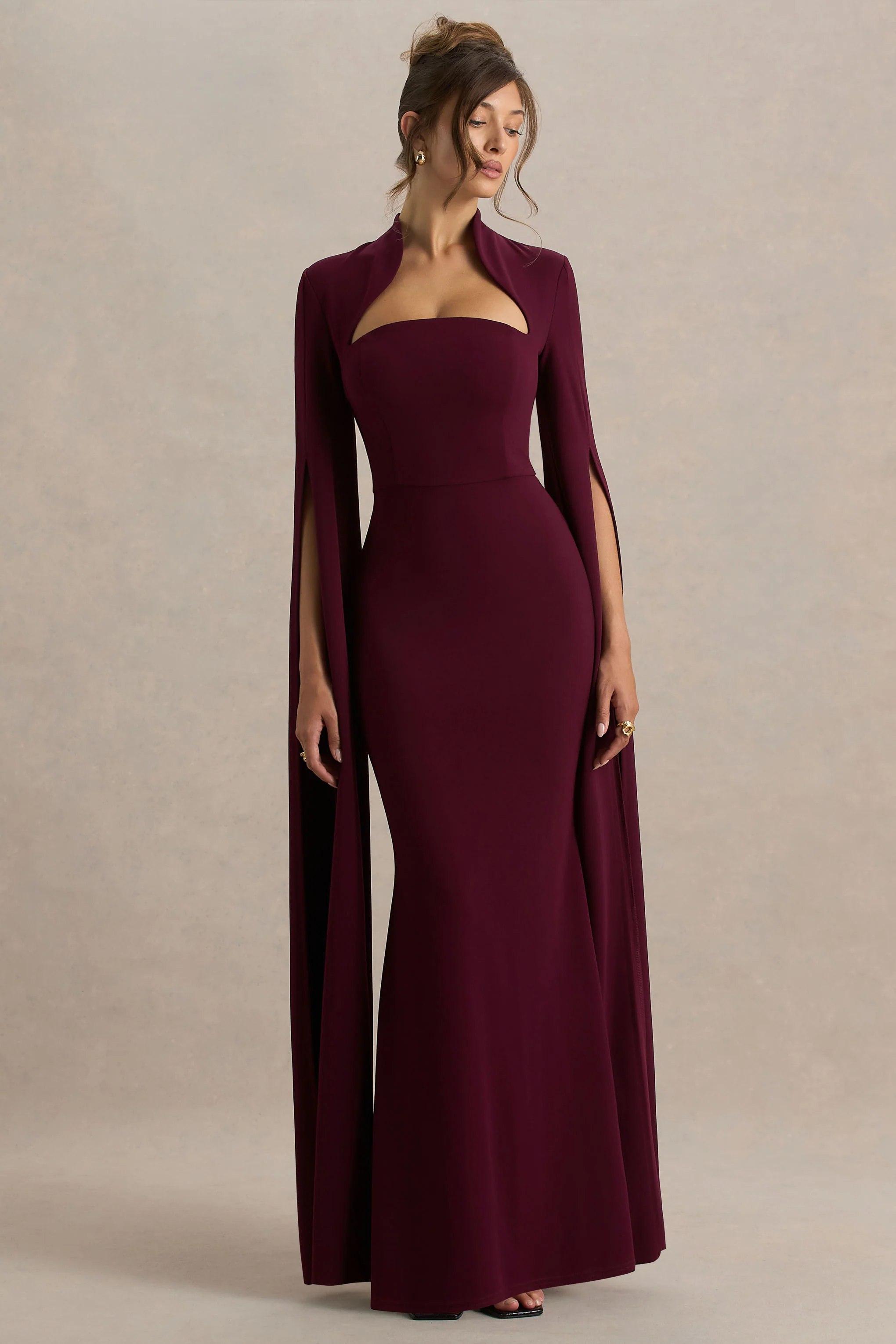 Esme | Burgundy Square-Neck Maxi Dress With Cape Sleeves - Image 5