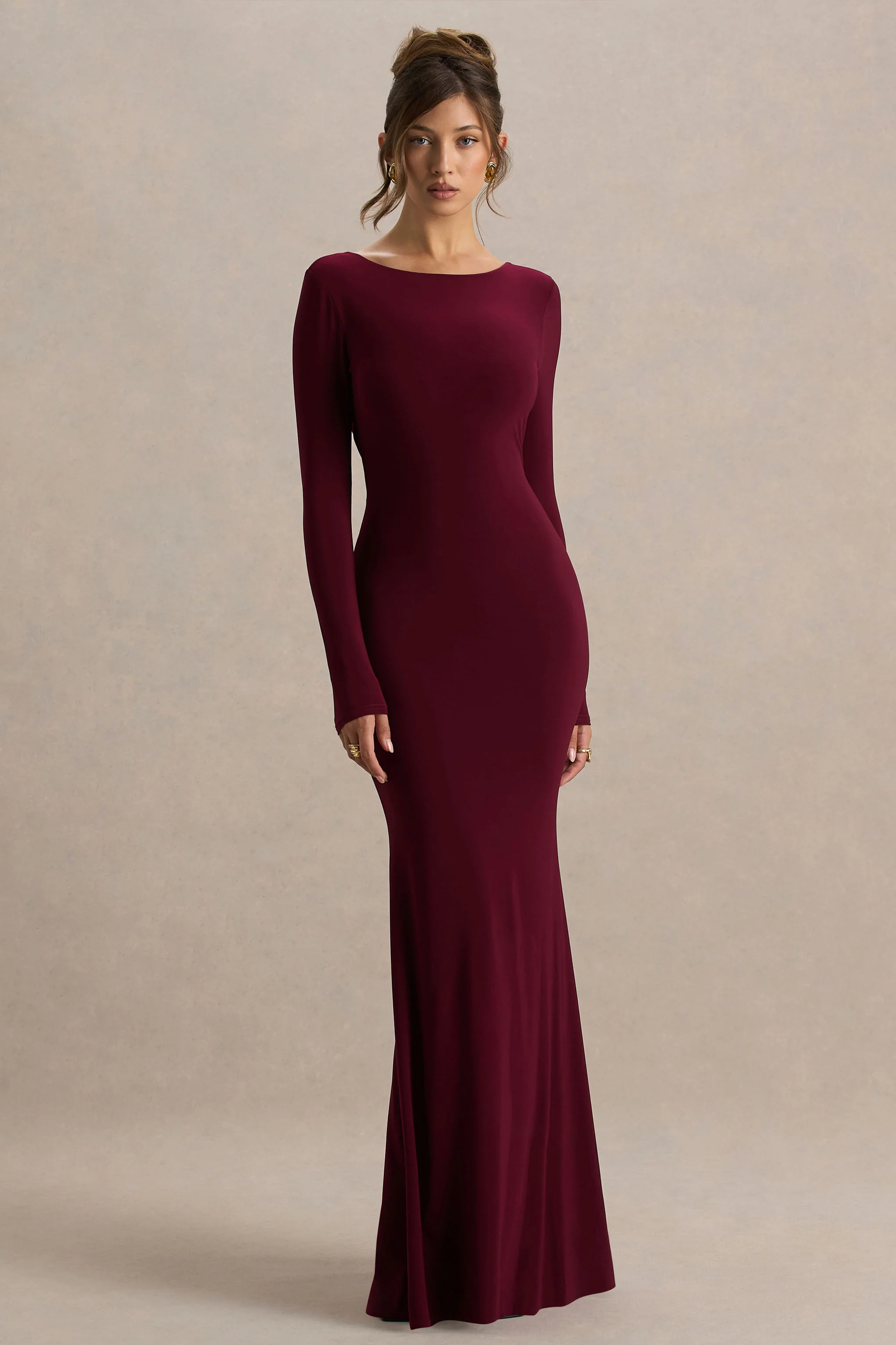 Estelle | Burgundy Boat-Neck Maxi Dress With Open-Back And Lace Detail - Image 2