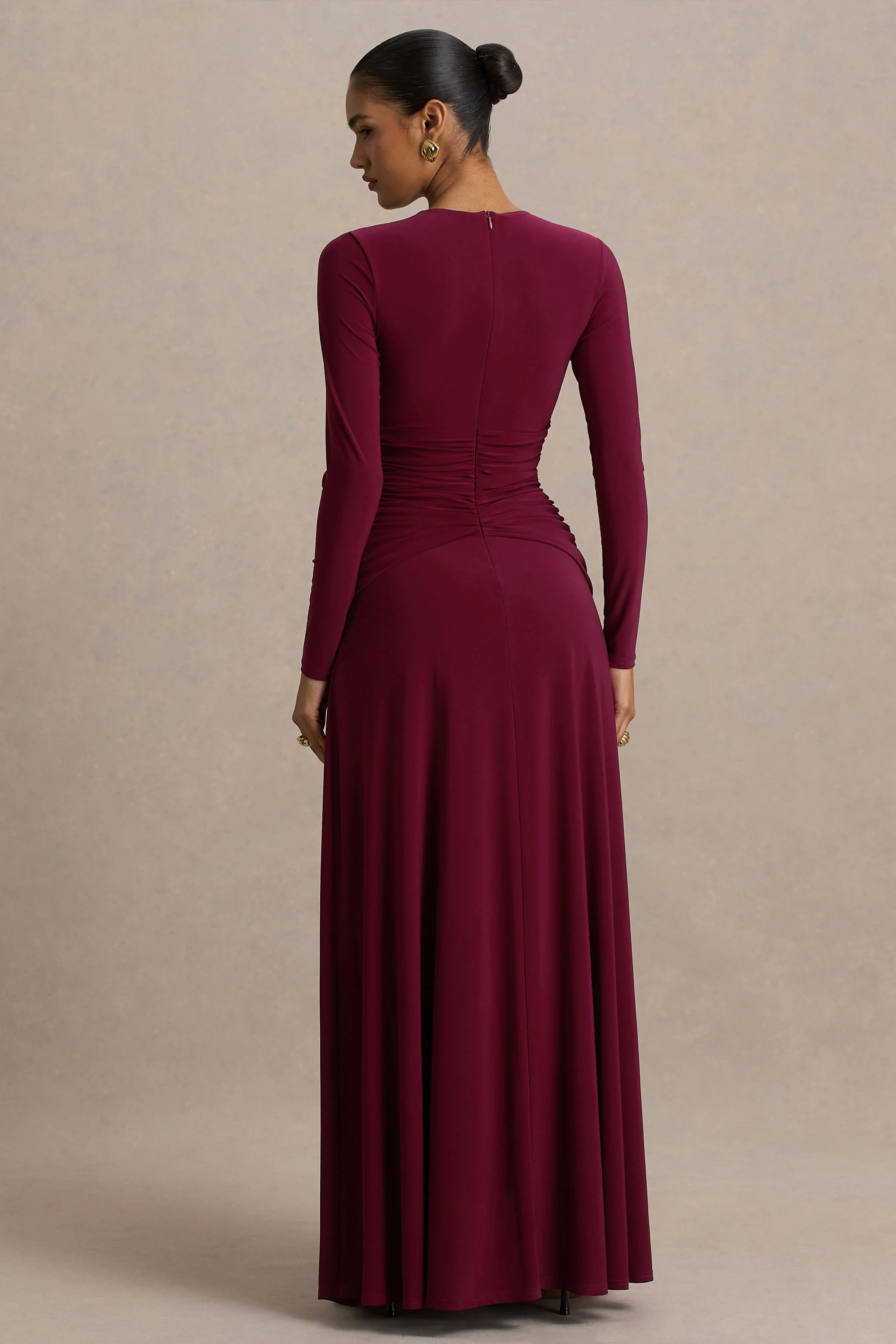 Estrella | Berry High-Neck Maxi Dress With Ruched Detailing - Image 2
