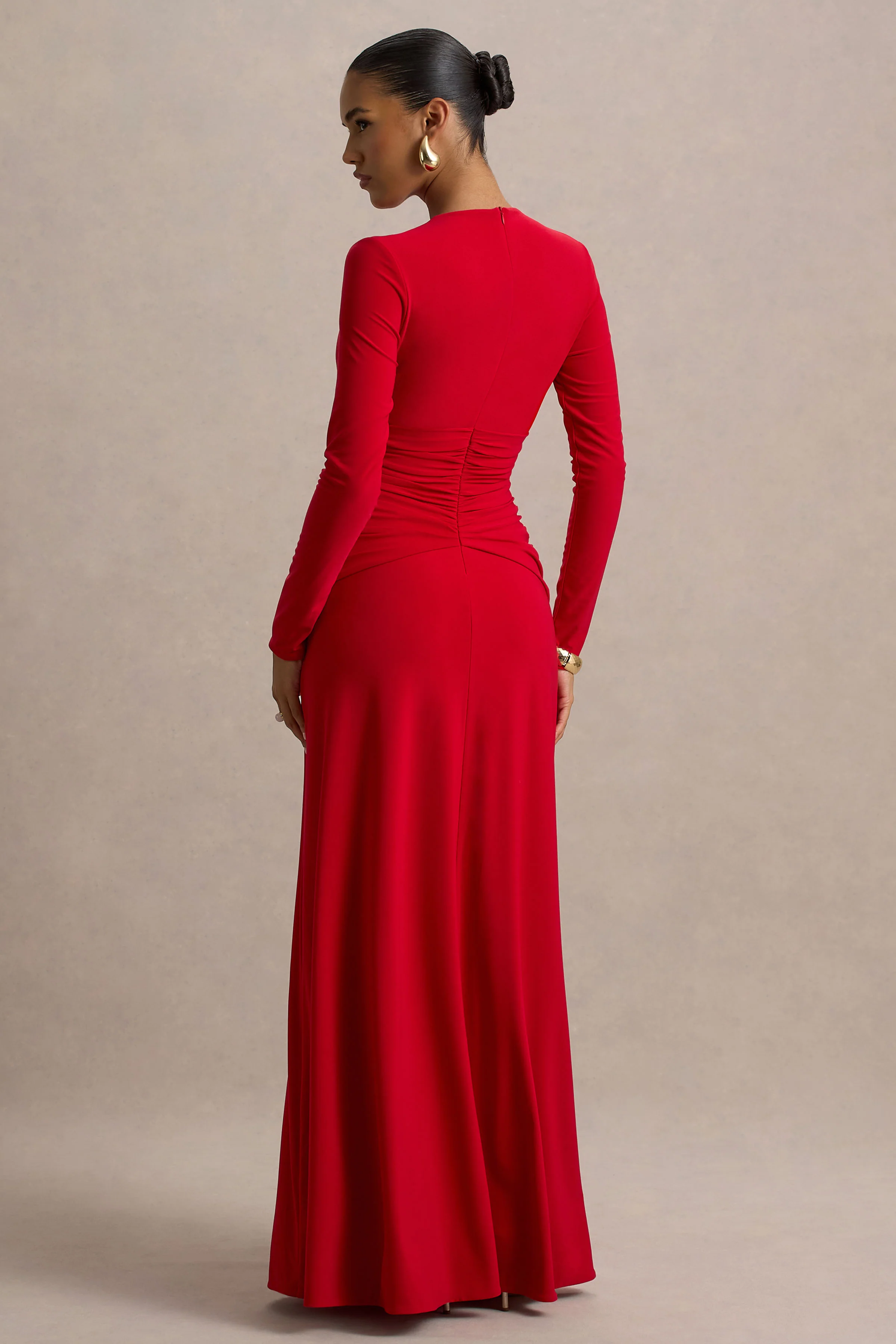 Estrella | Red High-Neck Maxi Dress With Ruched Detailing - Image 2