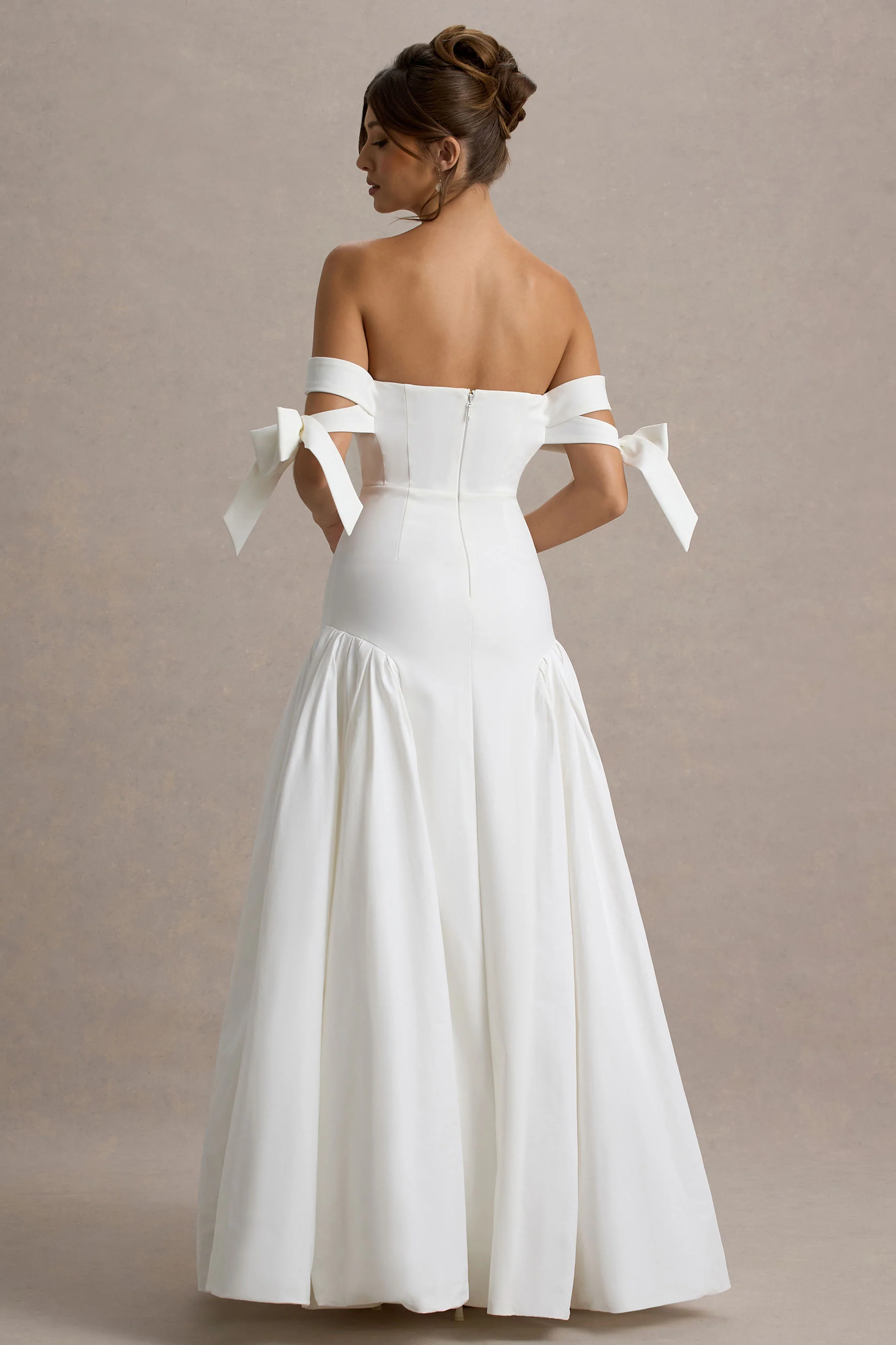 Ethel | White & Cream Bardot Maxi Dress With Volume Skirt - Image 2