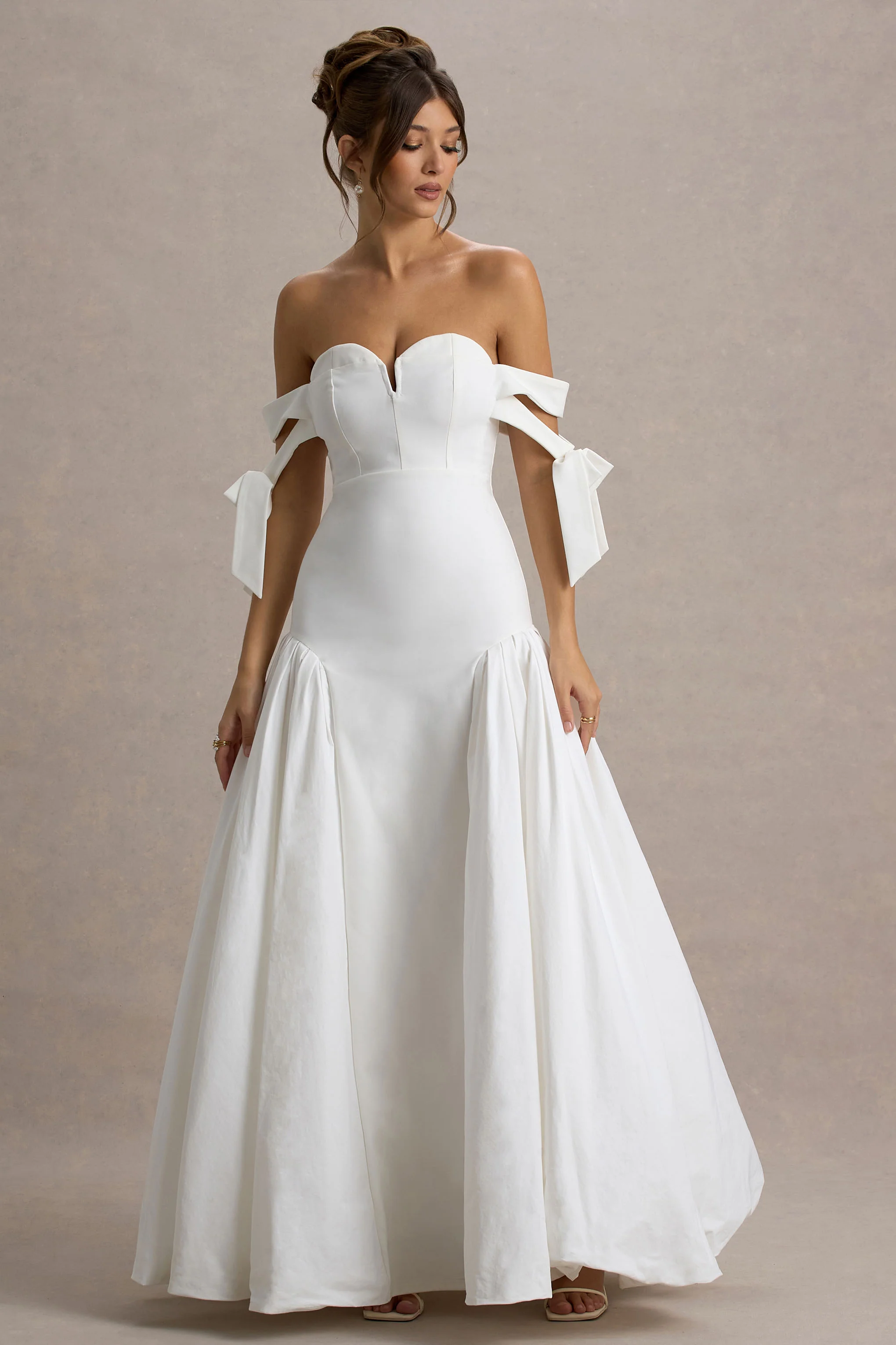 Ethel | White & Cream Bardot Maxi Dress With Volume Skirt - Image 4