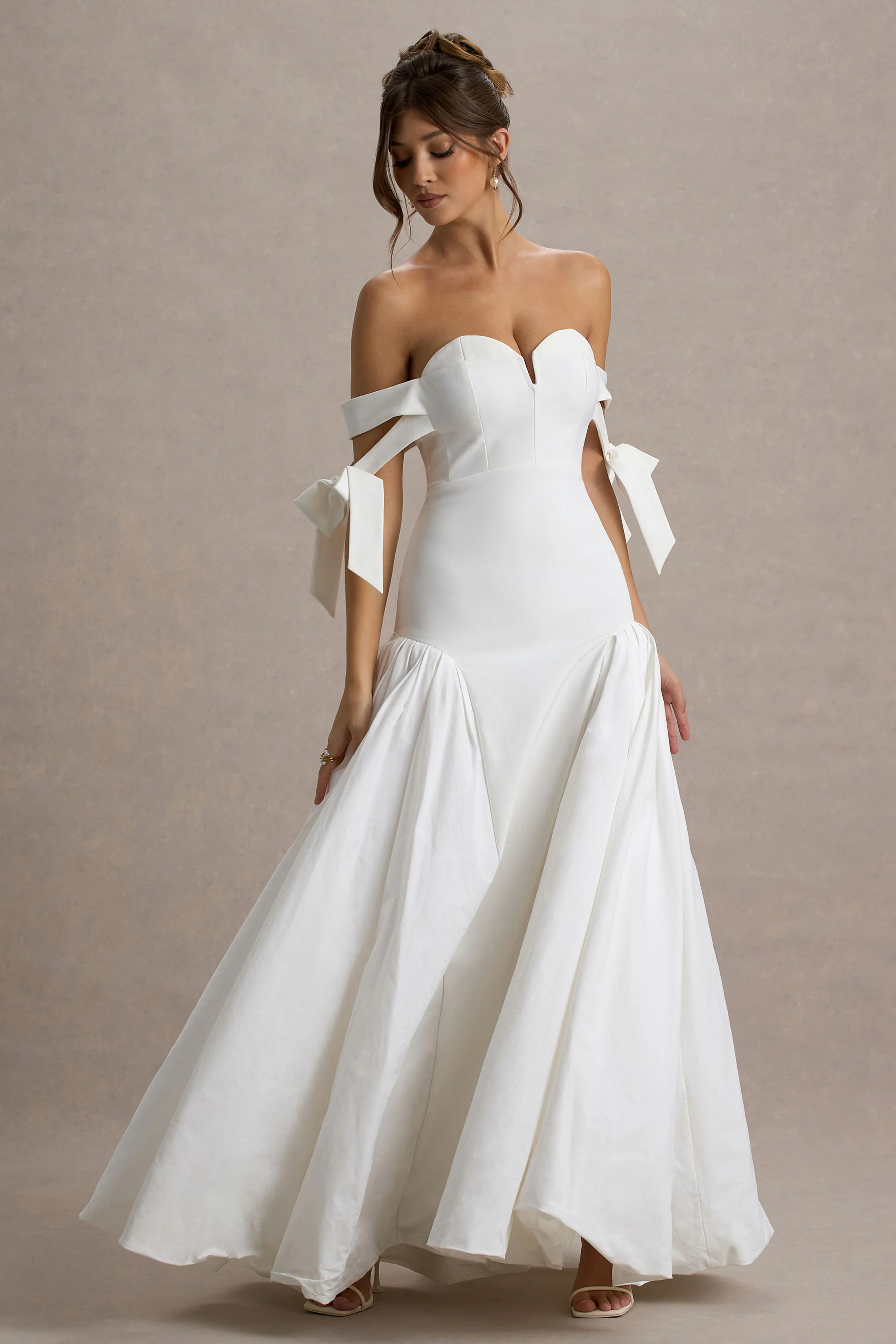 Ethel | White & Cream Bardot Maxi Dress With Volume Skirt - Image 5