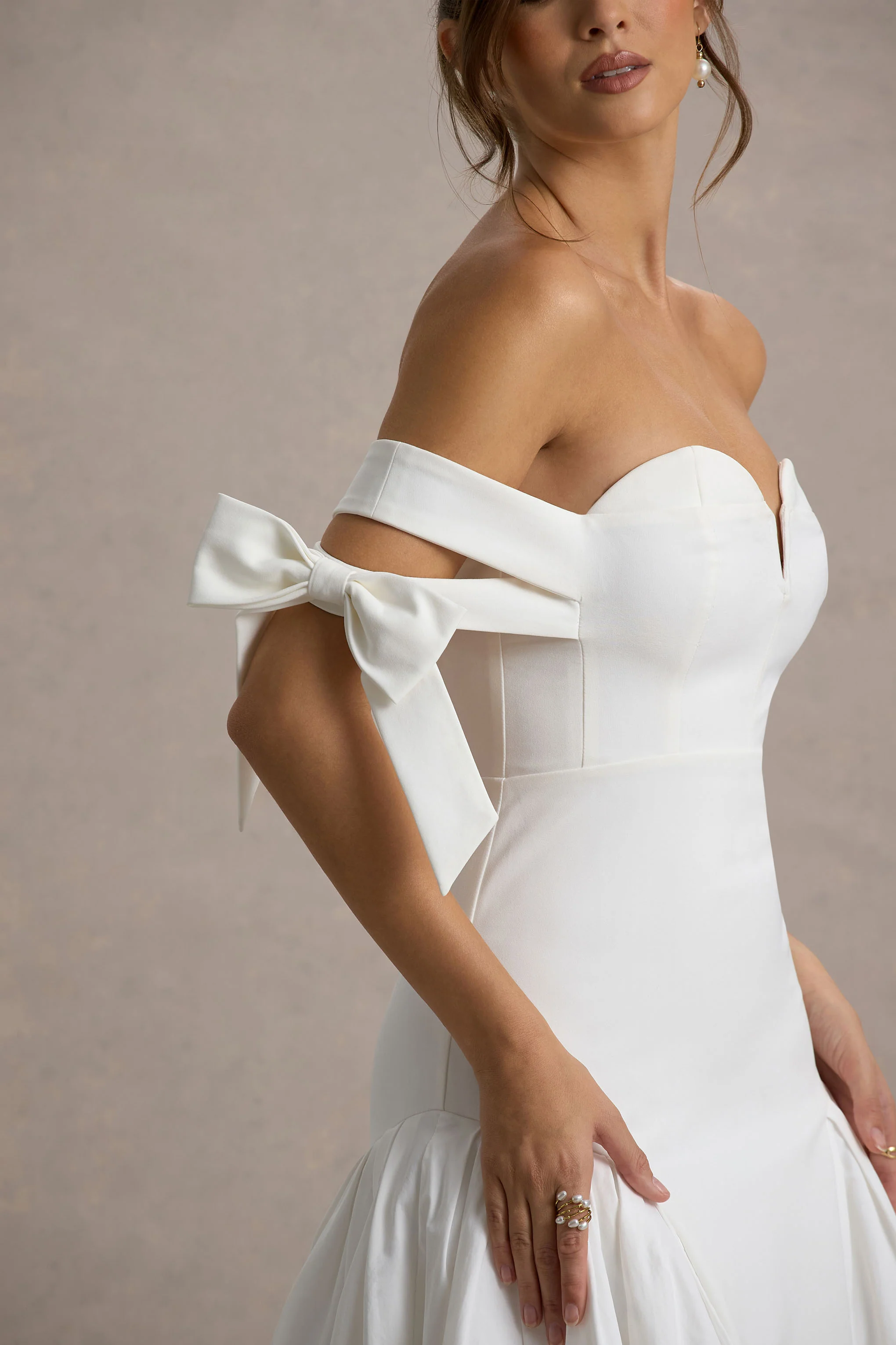 Ethel | White & Cream Bardot Maxi Dress With Volume Skirt - Image 7