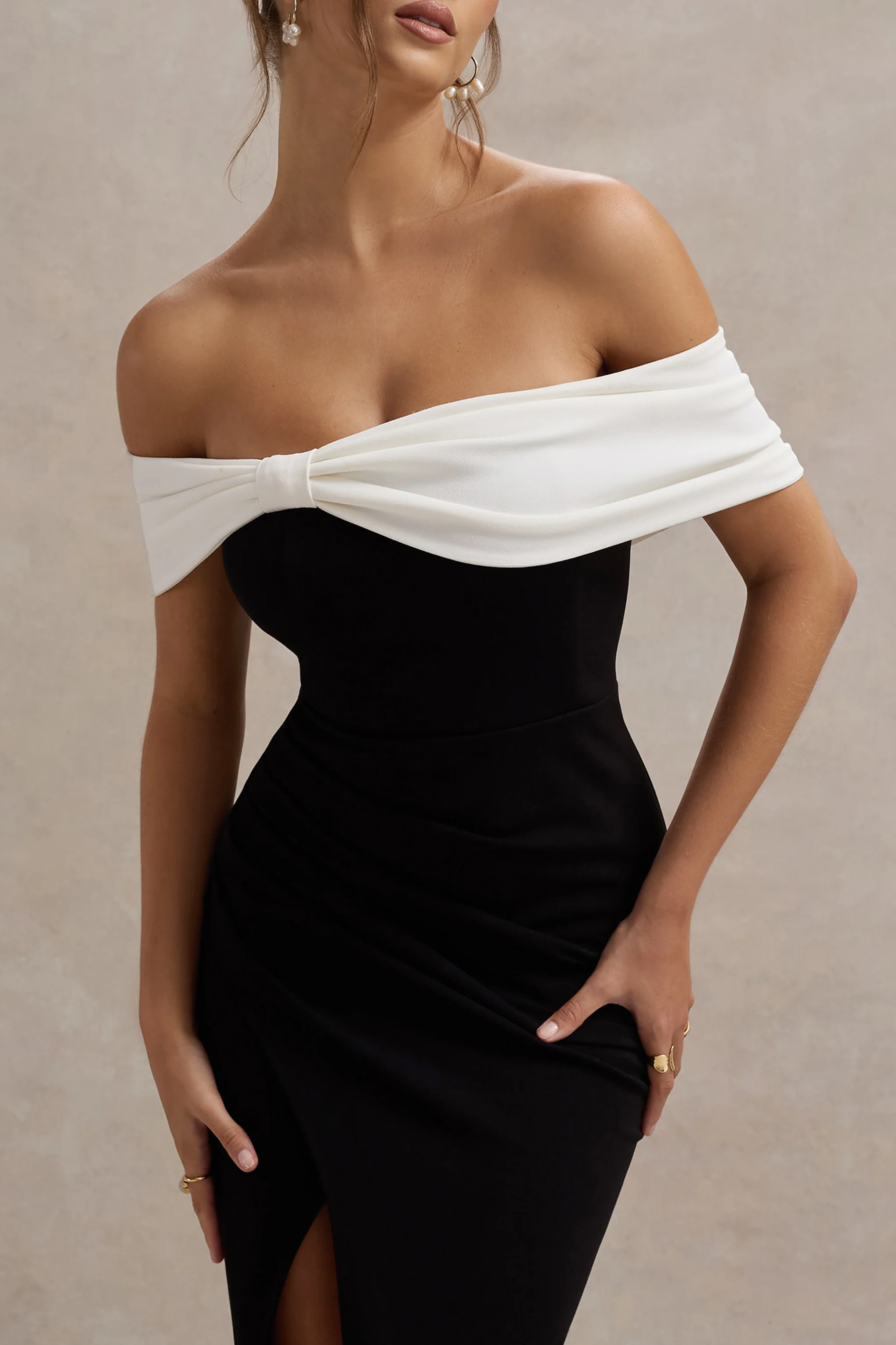 Eva | Black & White Bardot Bow Detail Maxi Dress With Thigh Split - Image 3