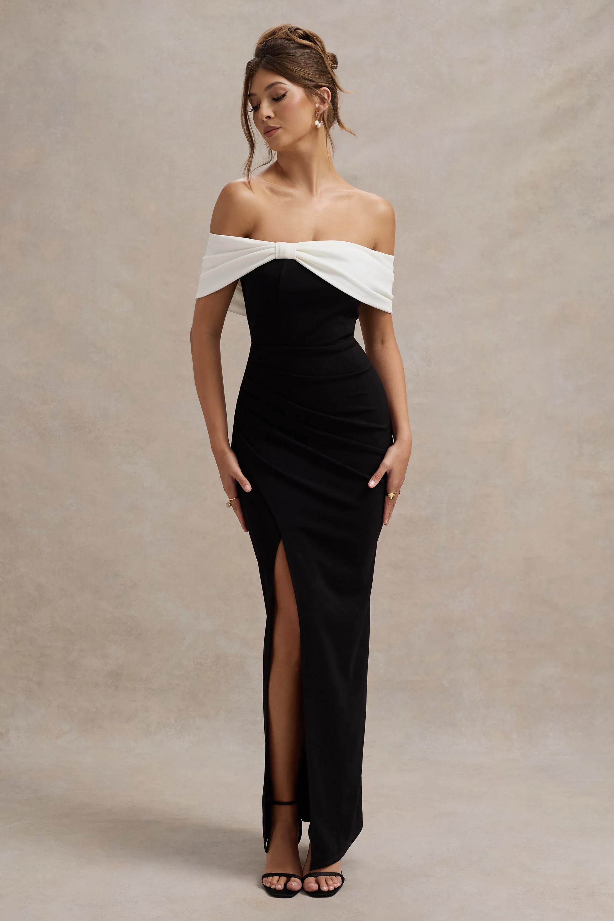 Eva | Black & White Bardot Bow Detail Maxi Dress With Thigh Split - Image 4
