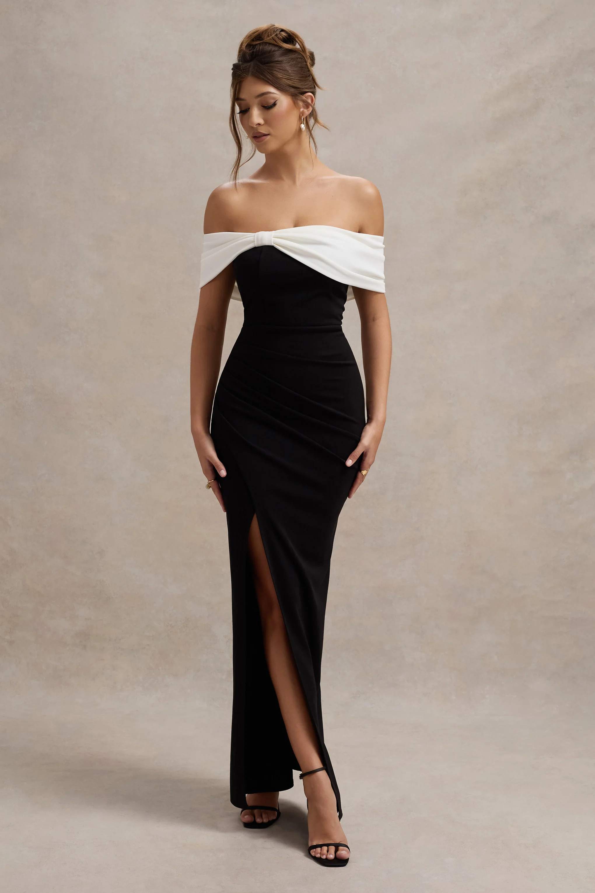 Eva | Black & White Bardot Bow Detail Maxi Dress With Thigh Split - Image 5